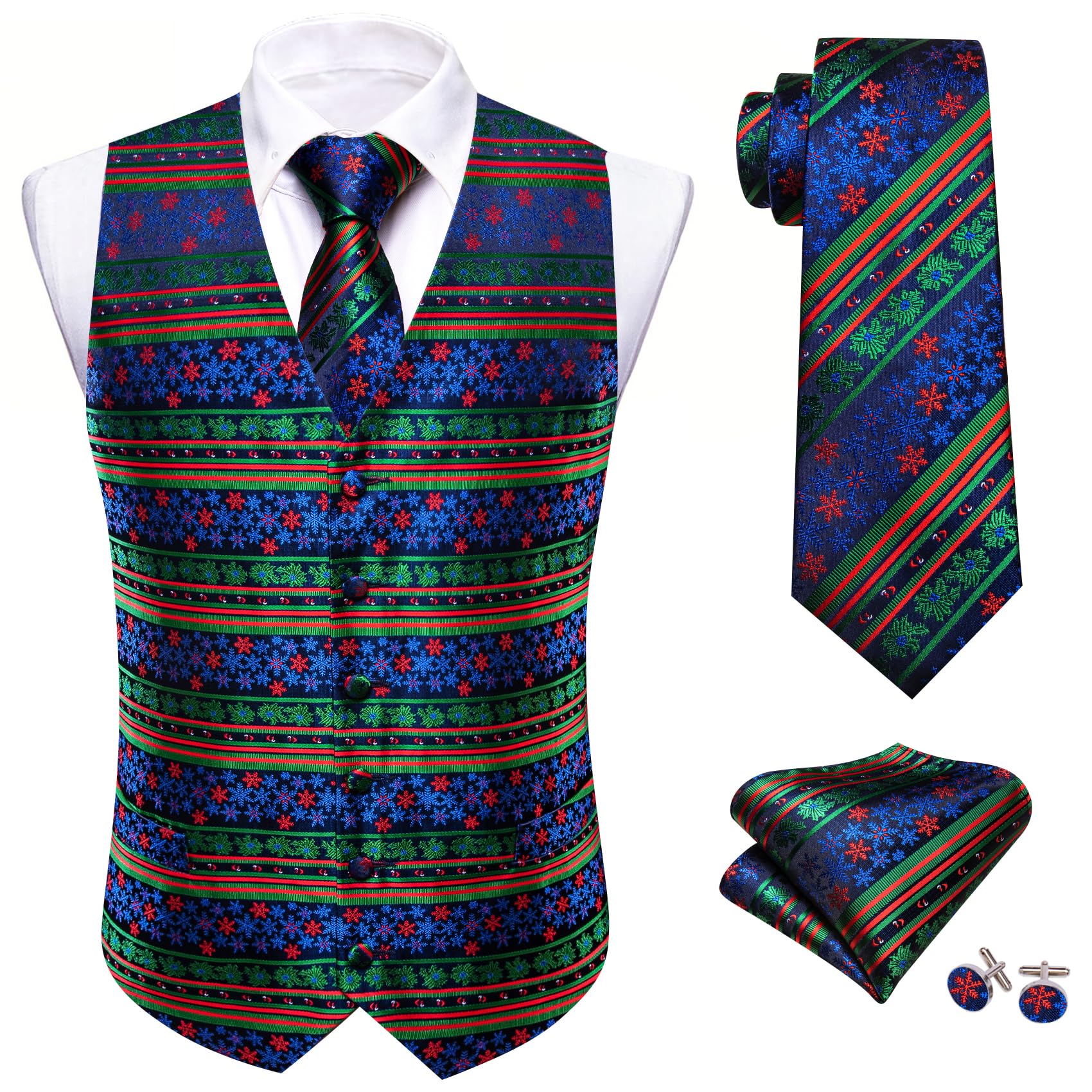 Barry.Wang Men Christmas Vest Blue Green Red Snowflake Holiday Suit Waistcoat Tie Set New Year Festival