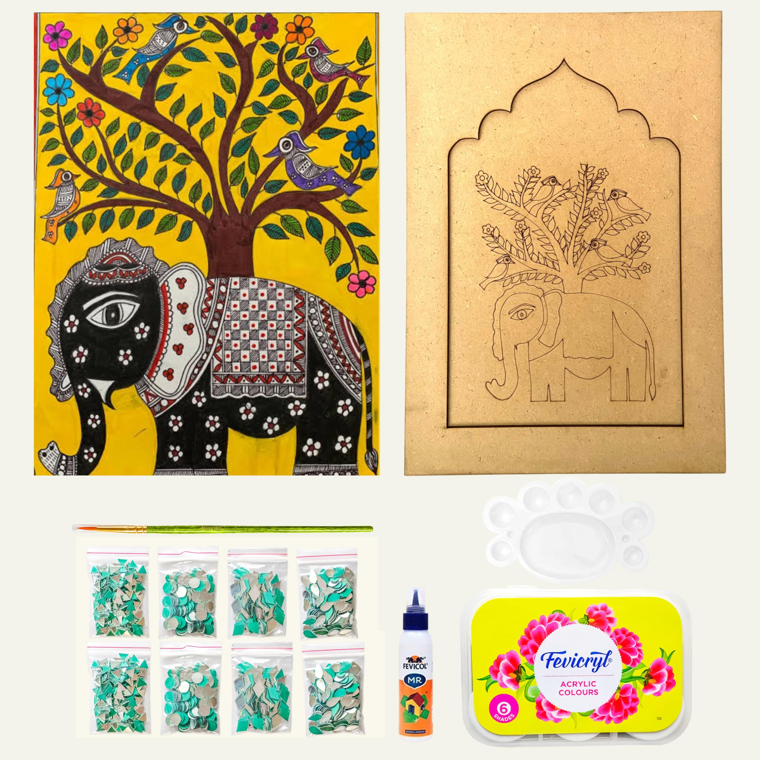 Decordial Elephant madhurani lippan Art jharokha Materials DIY kit with lippan Tools, 2 MDF Board Decorative Mirrors Colours lippan Art kit for Kids Adults Wall Decoration for Home Decor-picture-41