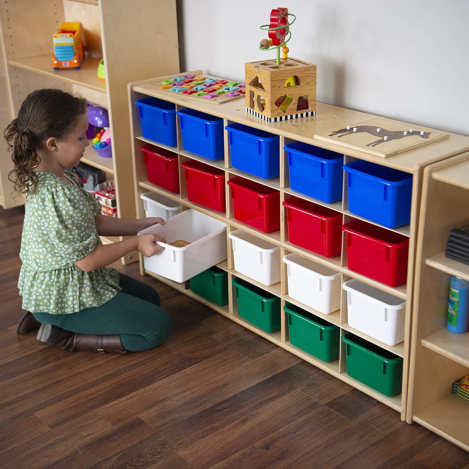 Contender Classroom Shelf with 20 Bins Chocolate Color Trays Best for Kids Toy Storage, Stationary Organizer, Hard Wood Cabinets Perfect for Classrooms and Homes