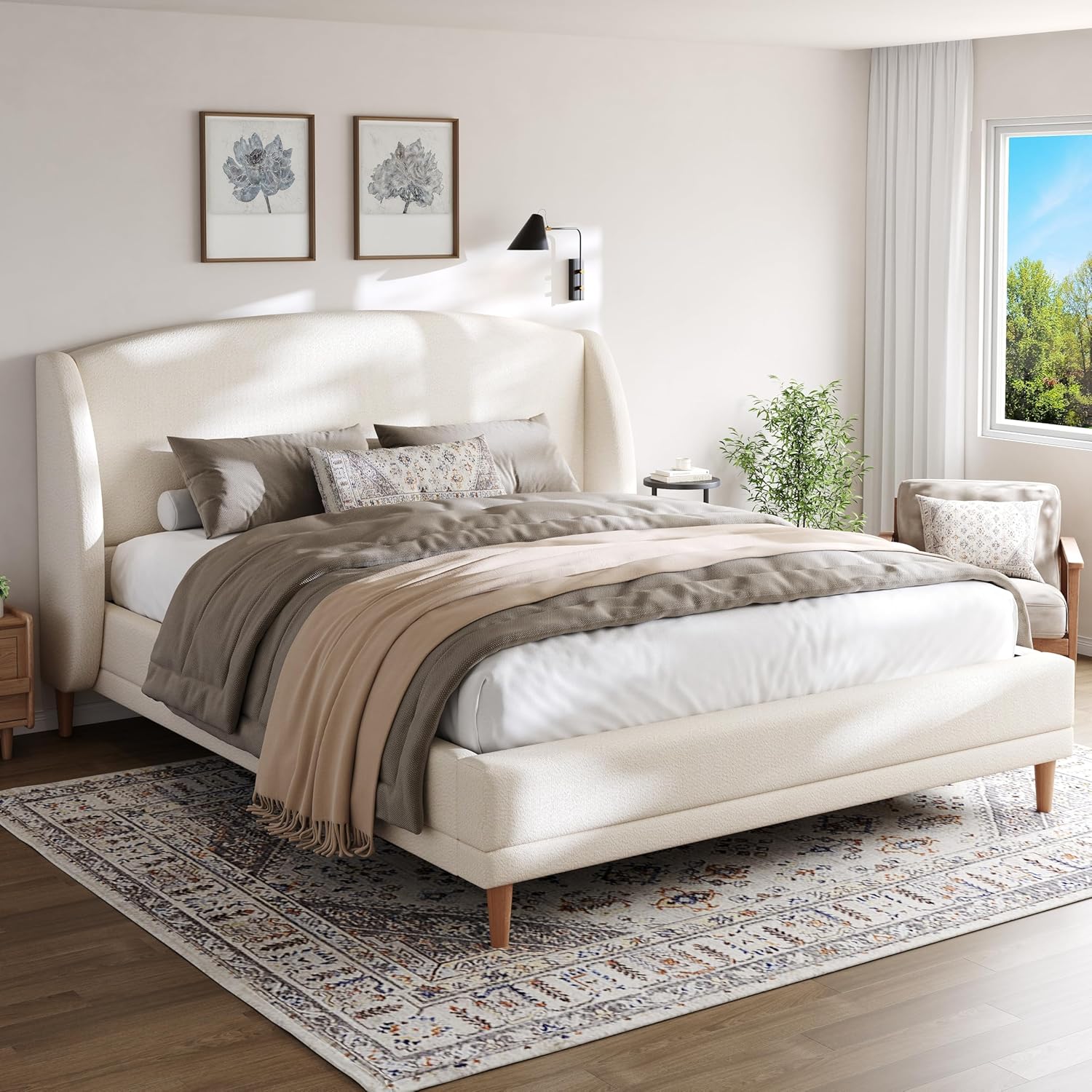 Harper & Bright Designs California King Upholstered Platform Bed with Wingback Headboard and Wood Legs, Boucle Bed Frame, No Box Spring Needed, Low Height, Sturdy Supports, White