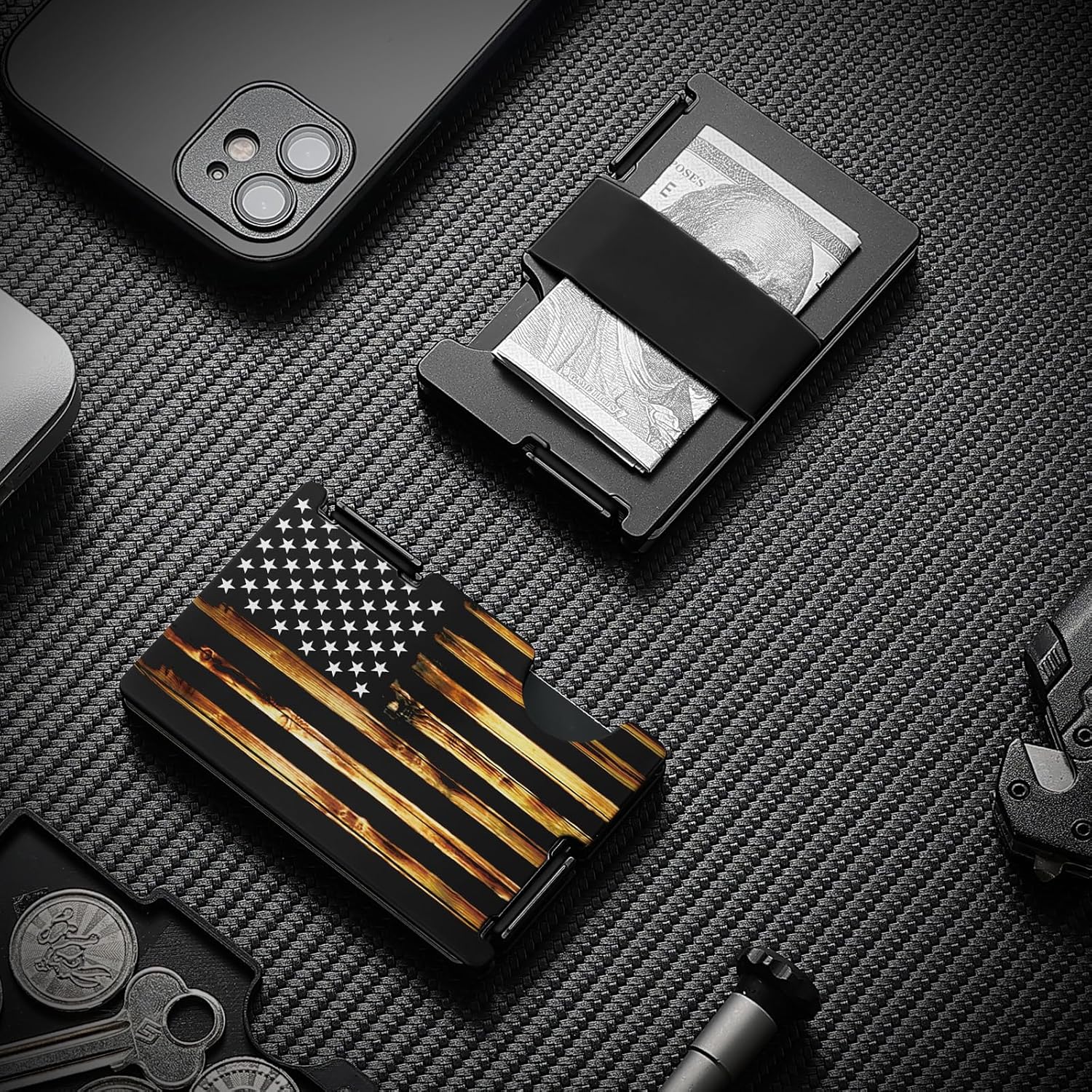 Minimalist Metal Wallet for Men, Ultra-Thin Aluminum Card Holder with Cash Strap, Personalized Wood American Flag, Slim Front Pocket RFID Blocking Wallet - Image 5