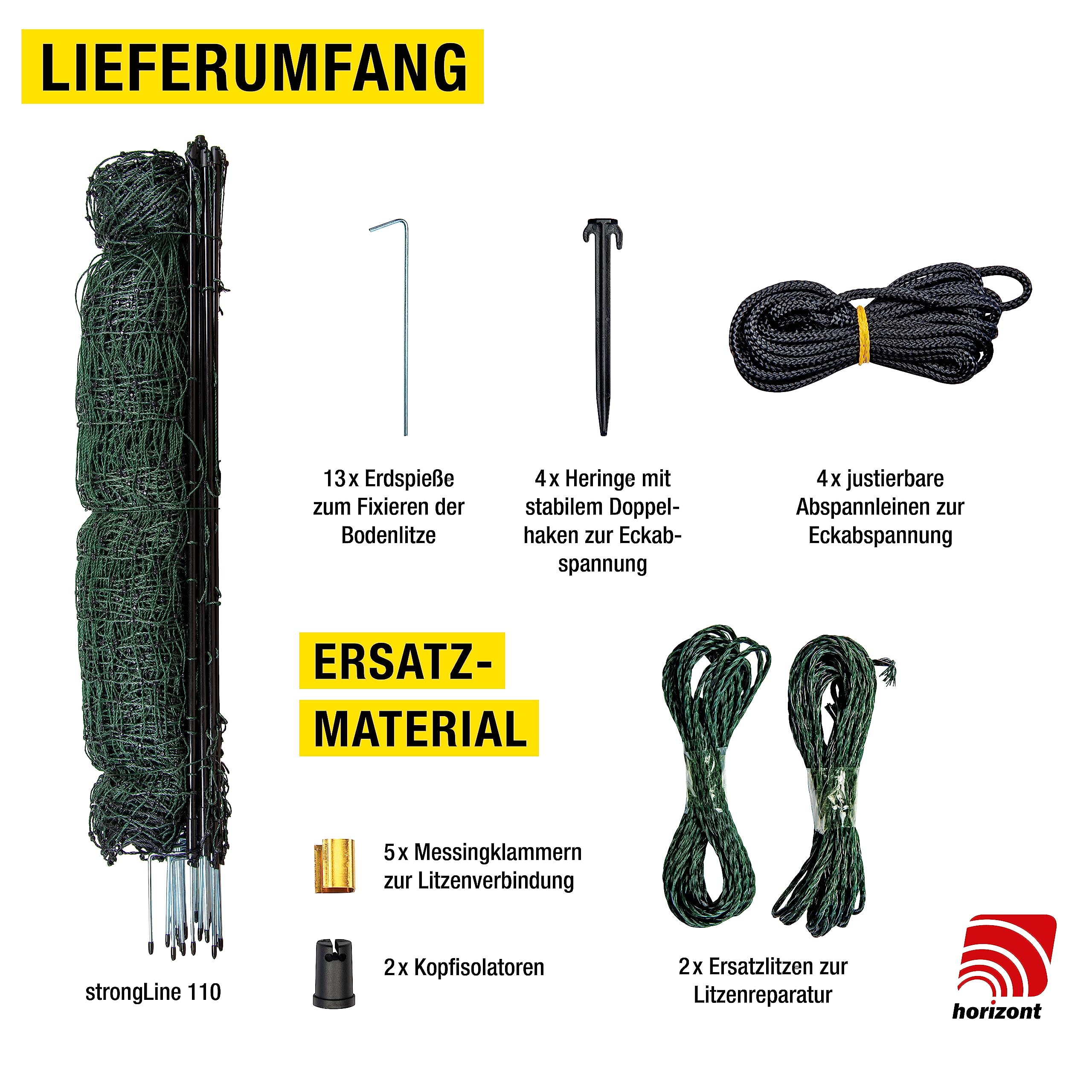horizont recinto per pollame Strong Line 110, 15 pali in fibra di vetro a doppia punta lunghi 50 m, alti 110 cm, tutti senza elettricità, recinto mobile per polli