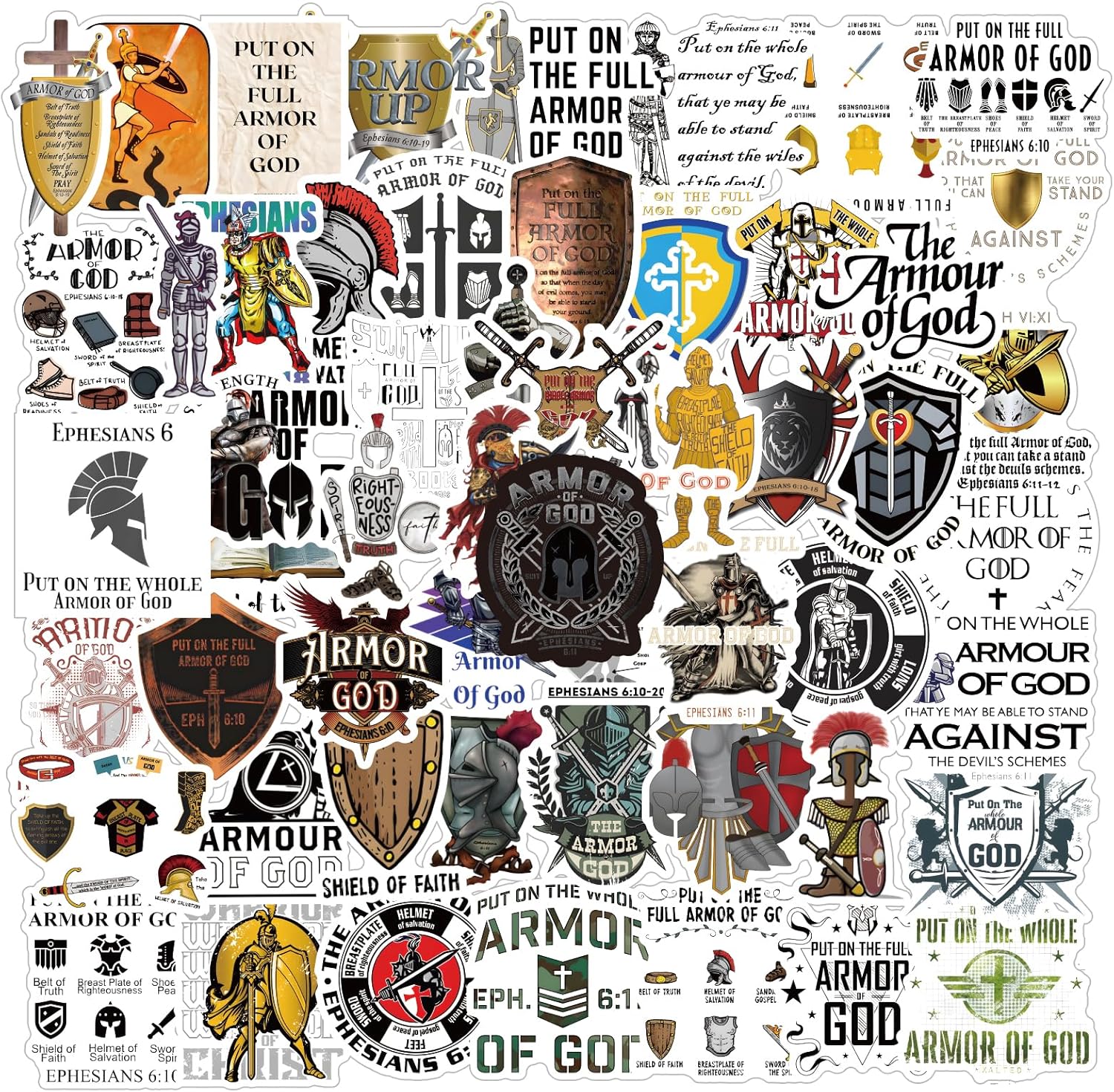 63Pcs Armor of God Stickers Pack, Aesthetic Vinyl Waterproof Stickers for Water Bottle,Skateboard,Laptop,Phone,Journaling,Scrapbooking Decals for Kids Teens Adults for Party Supply Reward…