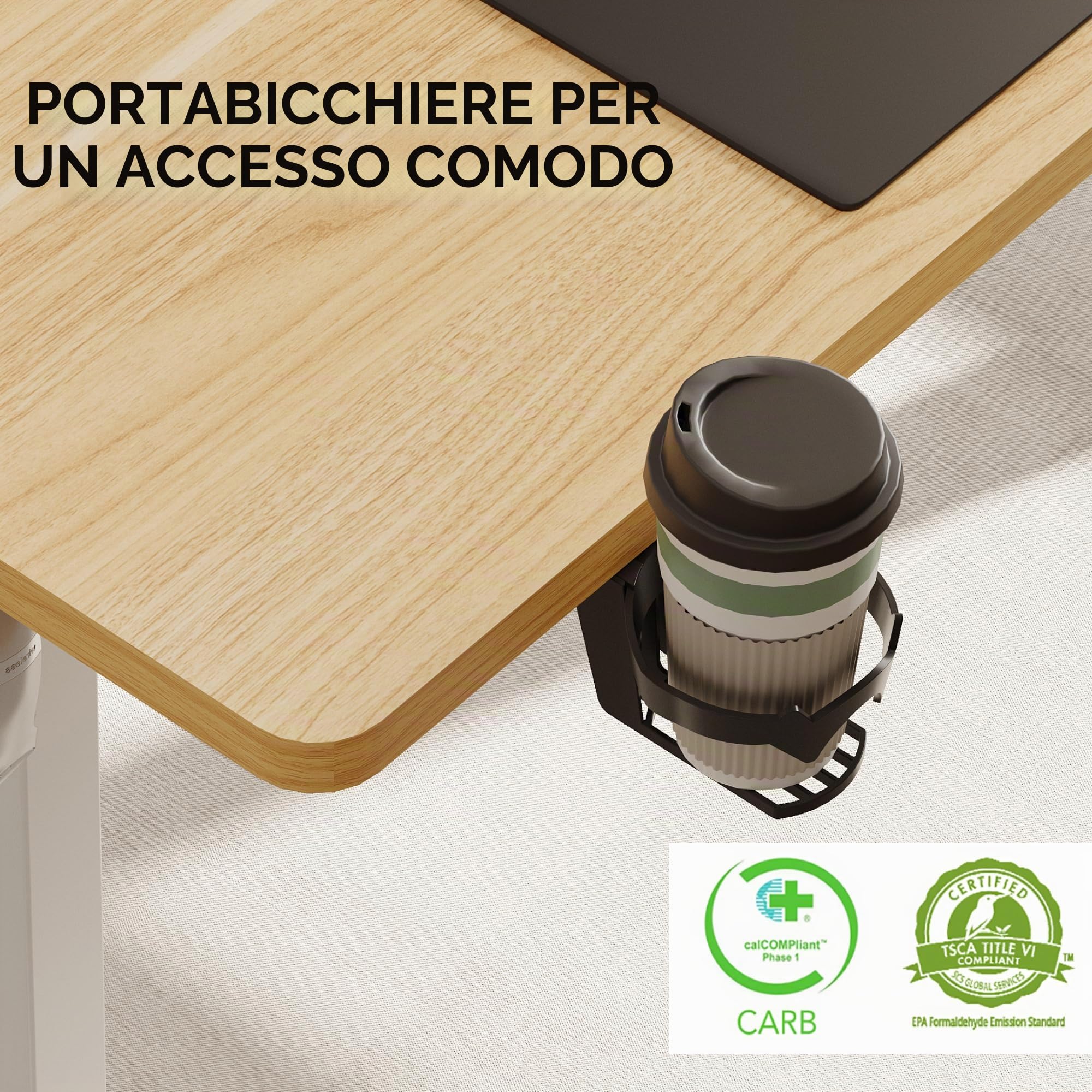 SANODESK Scrivania Regolabile in Altezza con Piano Completo – Inclusi 4 Accessori: Portabicchieri, Gancio, Contenitore e Gestione Cavi, con Funzione di Memoria, per Ufficio e Tempo Libero