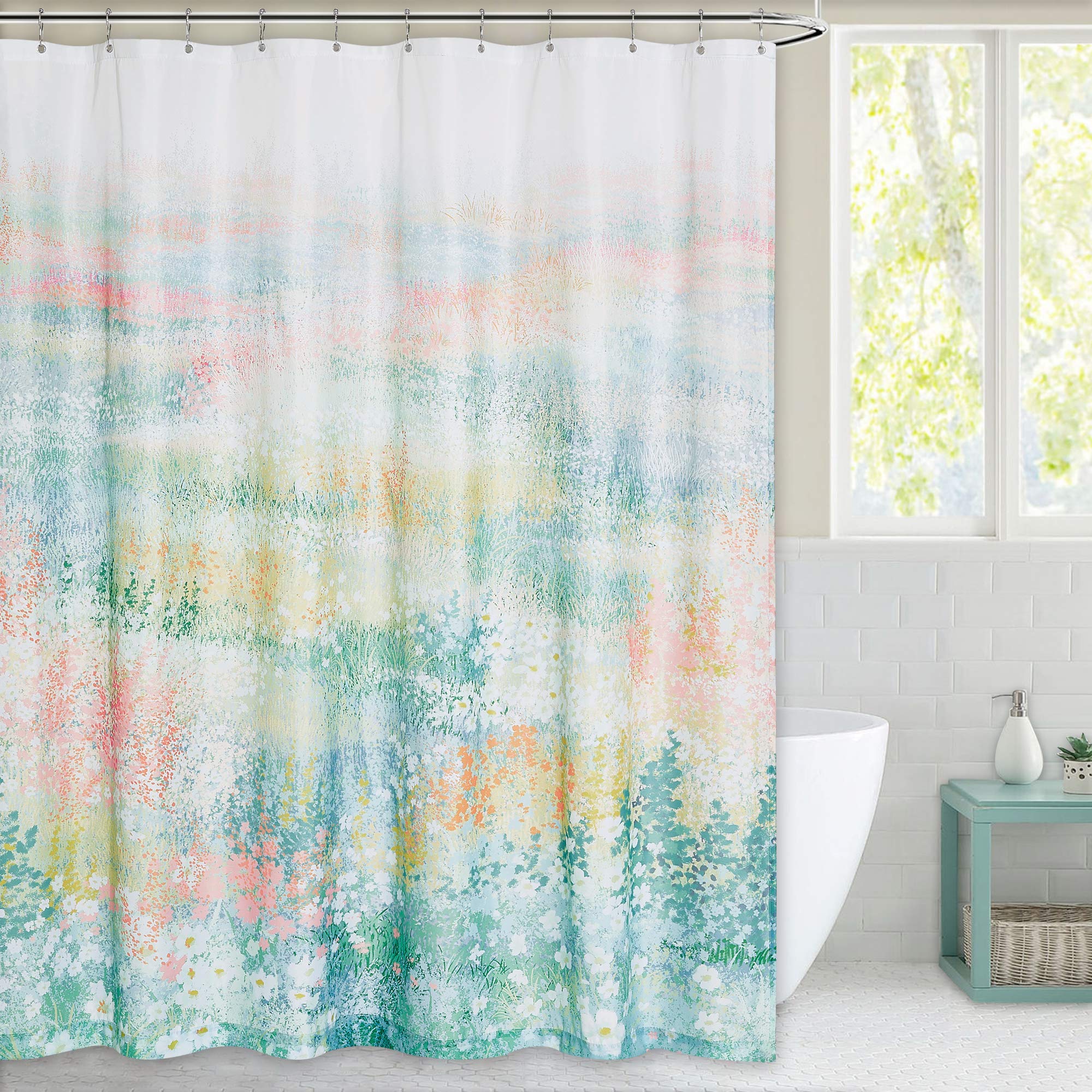 NICETOWN Shower Curtains for Bathroom, Modern Farmhouse Bath Decor with Colorful Flower Floral Pattern, Waterproof Fabric Include Rustproof Stainless Steel Hooks, 1 Panel, 72 x 72 inches