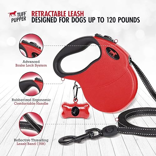 Miniatura 3 de Tuff Pupper Correa retráctil resistente para perro, correa de perro de 16 pies con costuras reflectantes para seguridad nocturna, bloqueo y