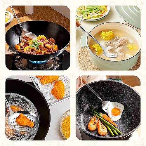 Miniatura 9 de FJNATINH Juego de herramientas de wok de acero inoxidable, utensilios de wok  espátula wok, espátula, cucharón, juego de herramientas de desnatador,