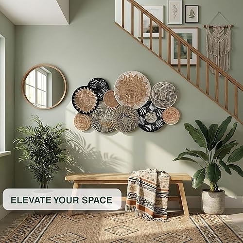 Miniatura 5 de Juego de 10 cestas de pared bohemias artesanales, cestas colgantes para pared, platos decorativos para pared, hechos a mano en Vietnam, decoración