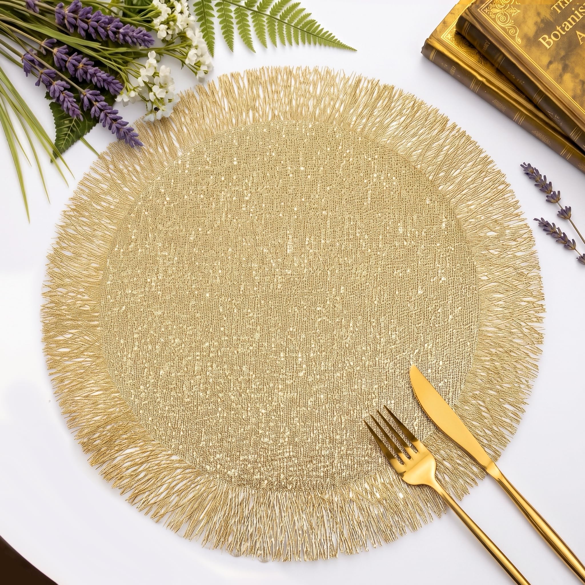 FAVE Set of 6 Gold Round Placemats, Hollow Out Tassel Design (15 Inch) — image 1