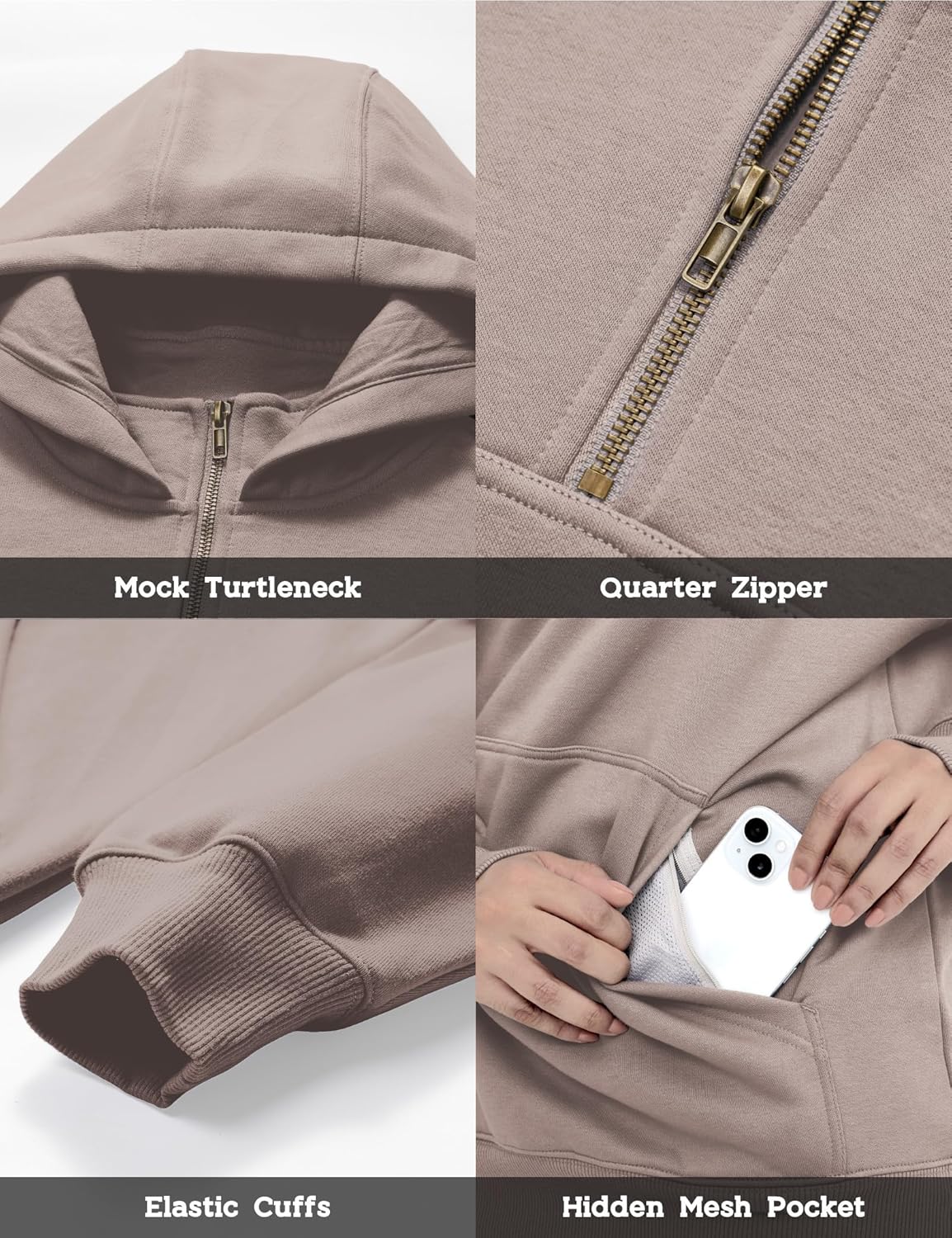 FAIABLE Mens Quarter Zip Hoodie with Hidden Pocket Waterproof Zip Up Hoodies Heavyweight Mock Neck Zipper Sweatshirts - Image 4