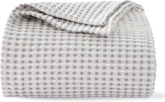 EGOHOME Cotton Two-Tone Check Pattern Waffle Blanket Queen Size | Gray/White, 90"x90", Lightweight, Soft & Breathable for Bed, Couch, Sofa, All Seasons