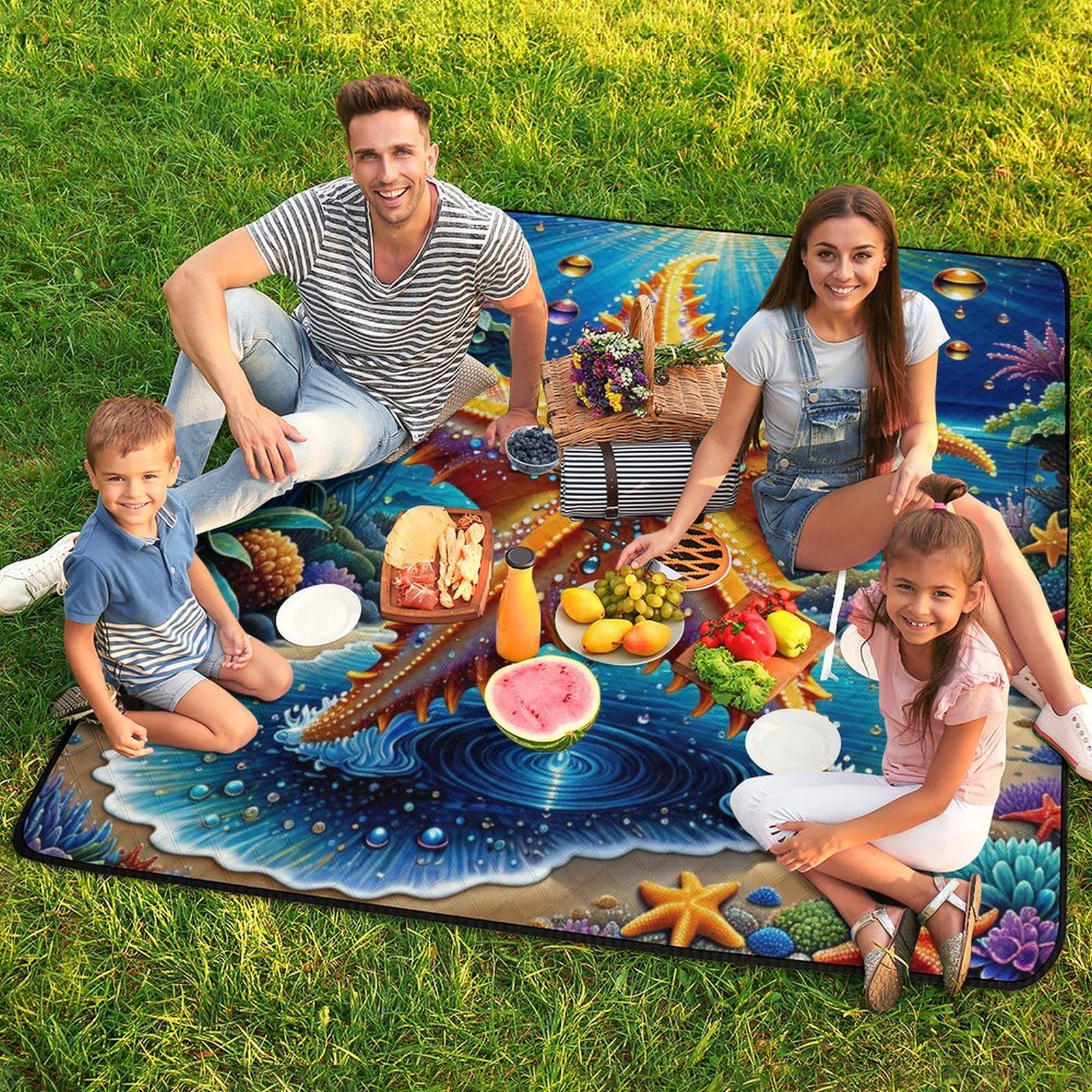 3D Impression Les starsLe Poisson Couverture Pique Nique Les Les planteses Tapis Pique Nique Nappe Picnic Couverture De Pique-Nique pour Camping, Parc, Jardin 200x200cm