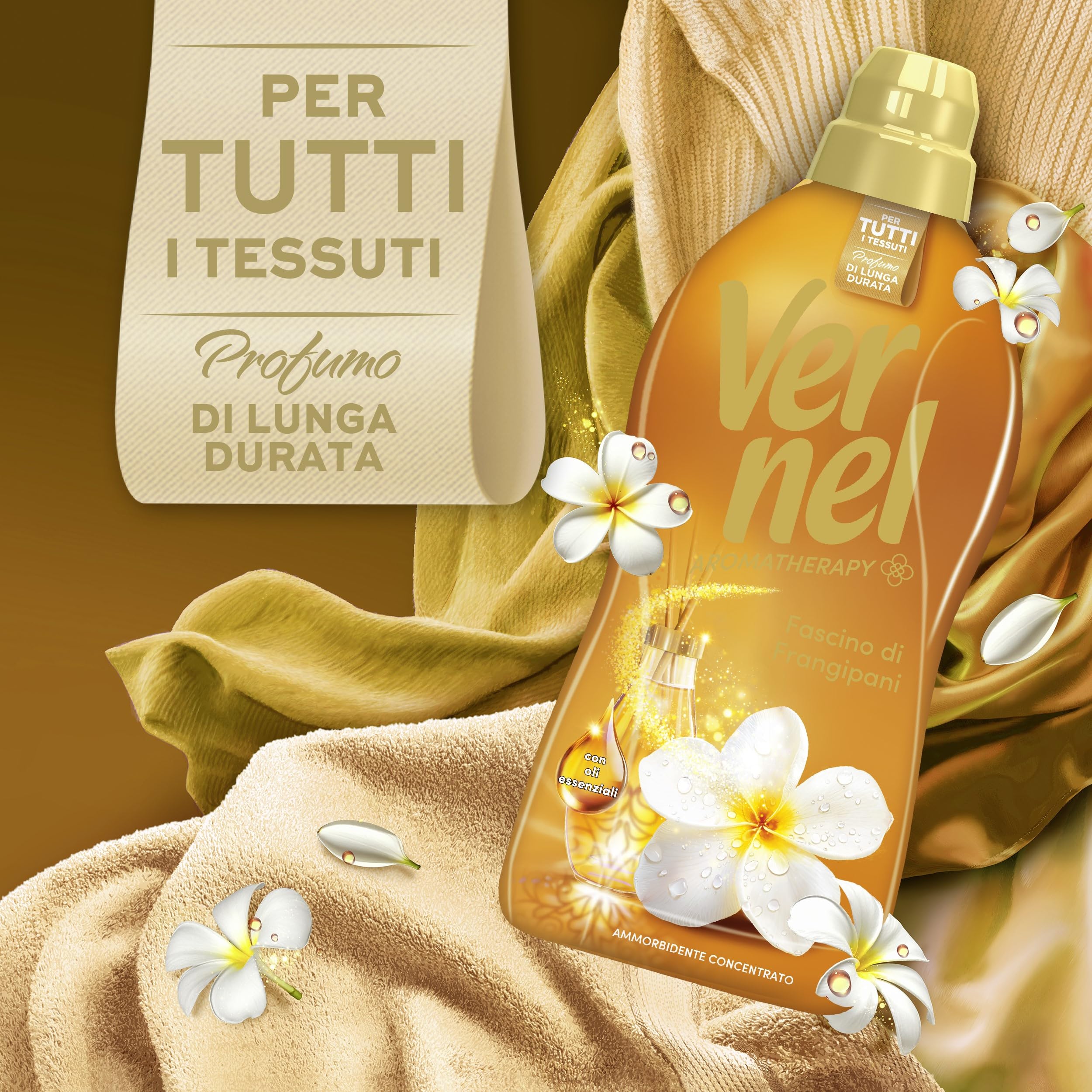 Ammorbidente Concentrato Vernel Aromatherapy Fascino di Frangipani (10 x 48 lavaggi), Ammorbidente Concentrato per Tutti i Tessuti, Profumo di Lunga Durata con Oli Essenziali