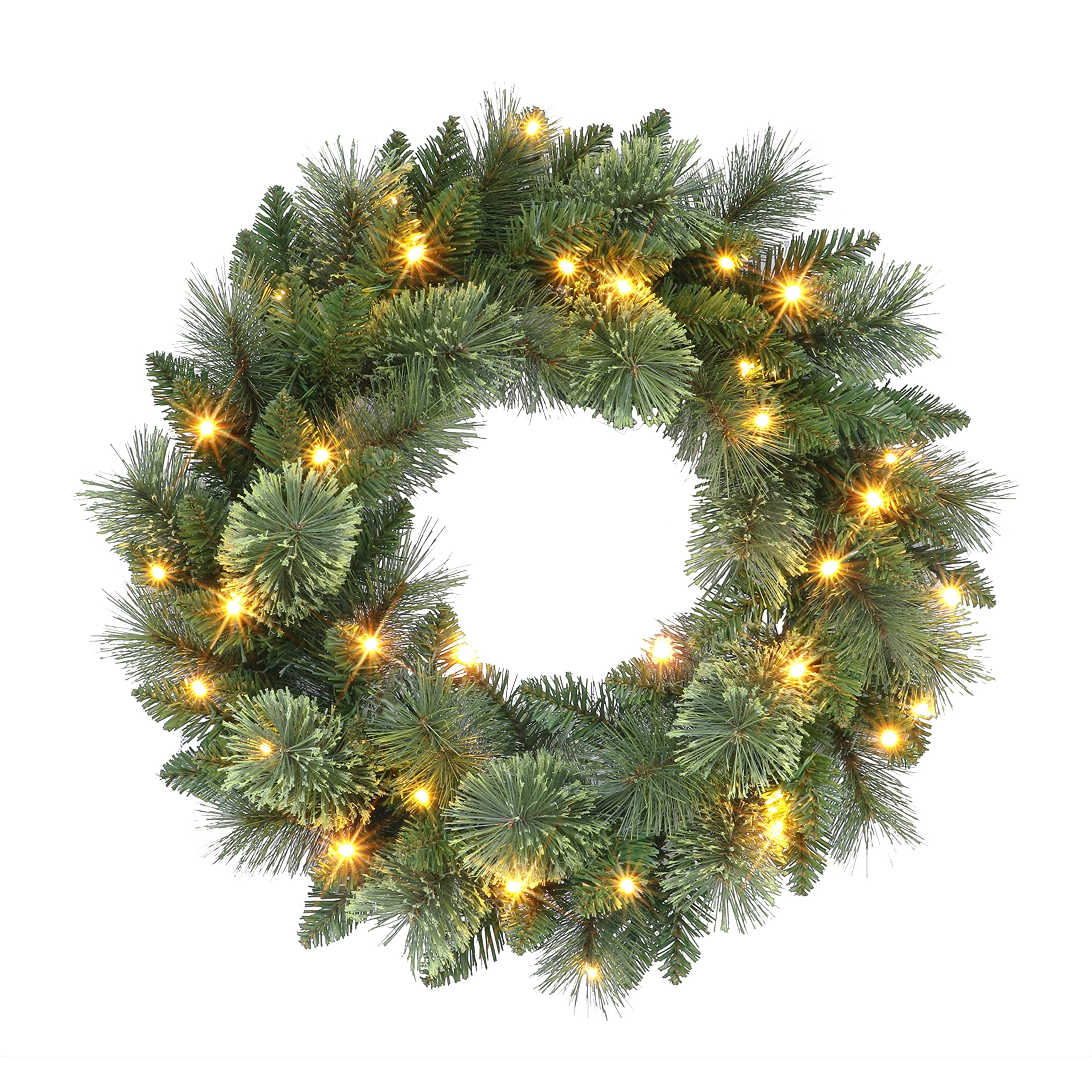 Puleo International Inc. Puleo International 24" 80 Tips 50 Warm White LED Lights Pre-Lit Wreath with Battery-Operated Timer, Green