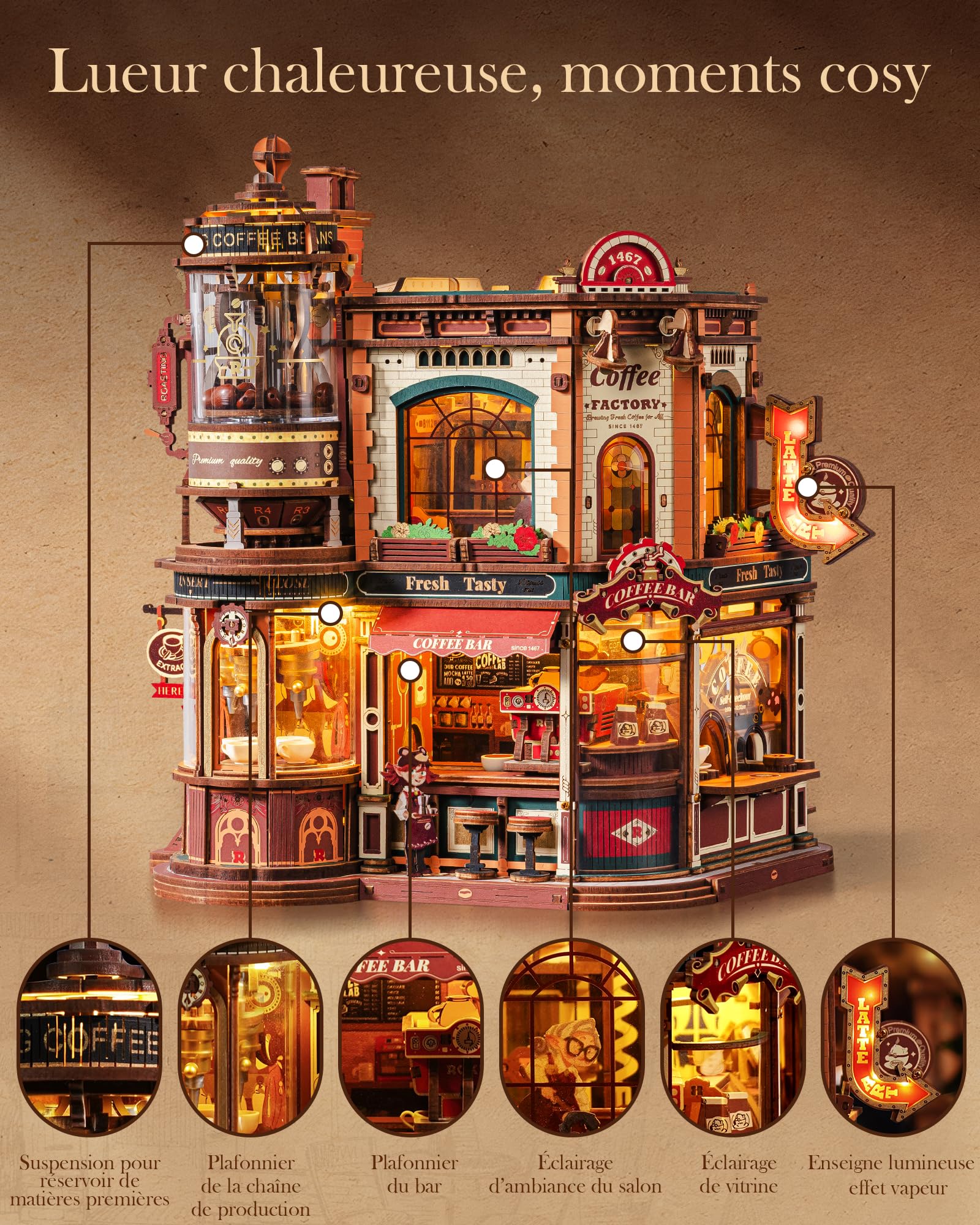 ROBOTIME Puzzle 3D en Bois pour Adultes à Construire – Dream Coffe Factory, Kit de Construction Miniature avec Musique, Lumières et Scènes Animées, Maison Miniature/Book Nook Café EAB02