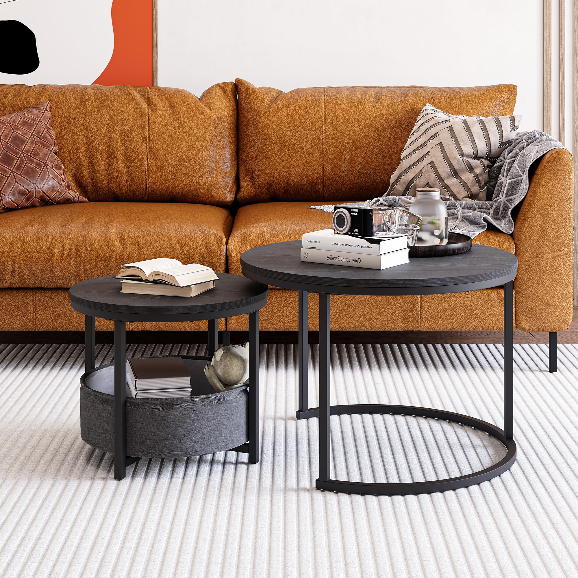 Couchtisch Rund, 2er Set Sofa Couchtisch Industrial Style, verschachtelte Beistelltische aus Metall und Holz, Vintage Sofa Tisches, Metall Satztisch Aufbewahrungstasche aus Stoff Schwarz