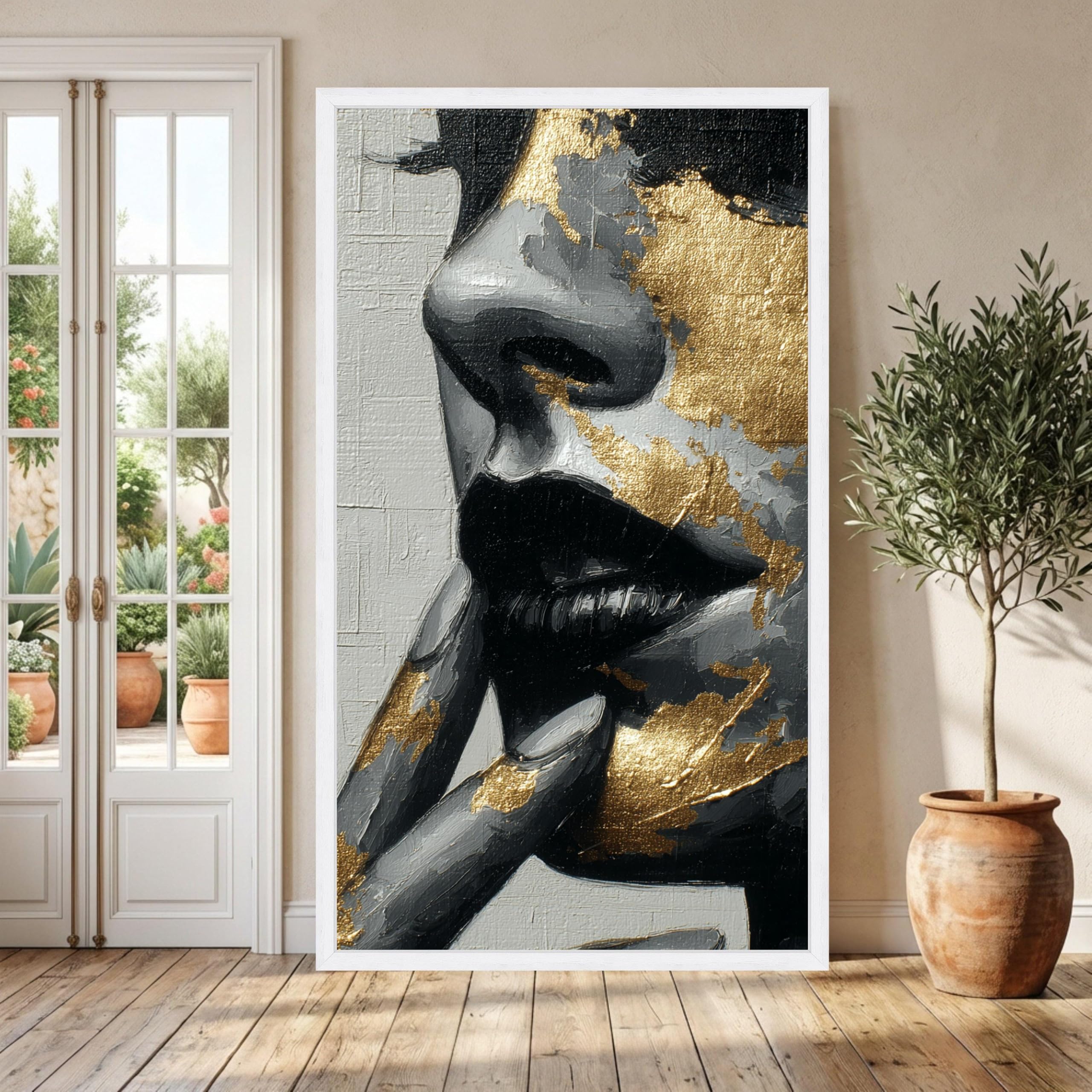 LMYCHENG Abstract Woman Face Canvas Prints, Gold Leaf Portrait Wall Art, Luxury Home Decor Canvas Painting, Black Gray Artwork(30x50cm/Frameless)
