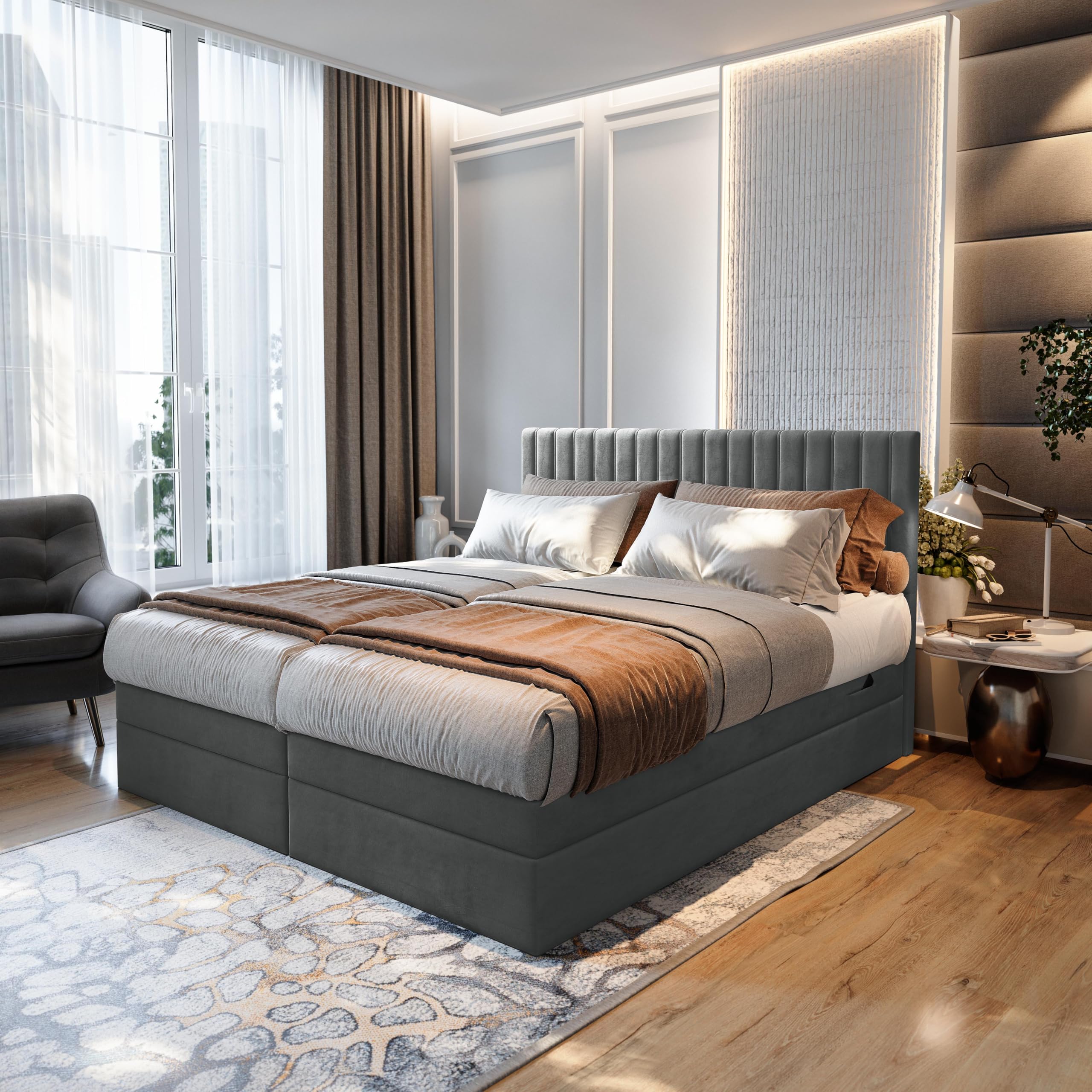TRADA Lit Adulte ADÈLE - Ensemble Matelas+sommier Relaxation électrique avec Matelas Ressorts ensachés, Rangement et surmatelas en Tissu Velours (Gris foncé, 160 x 200)