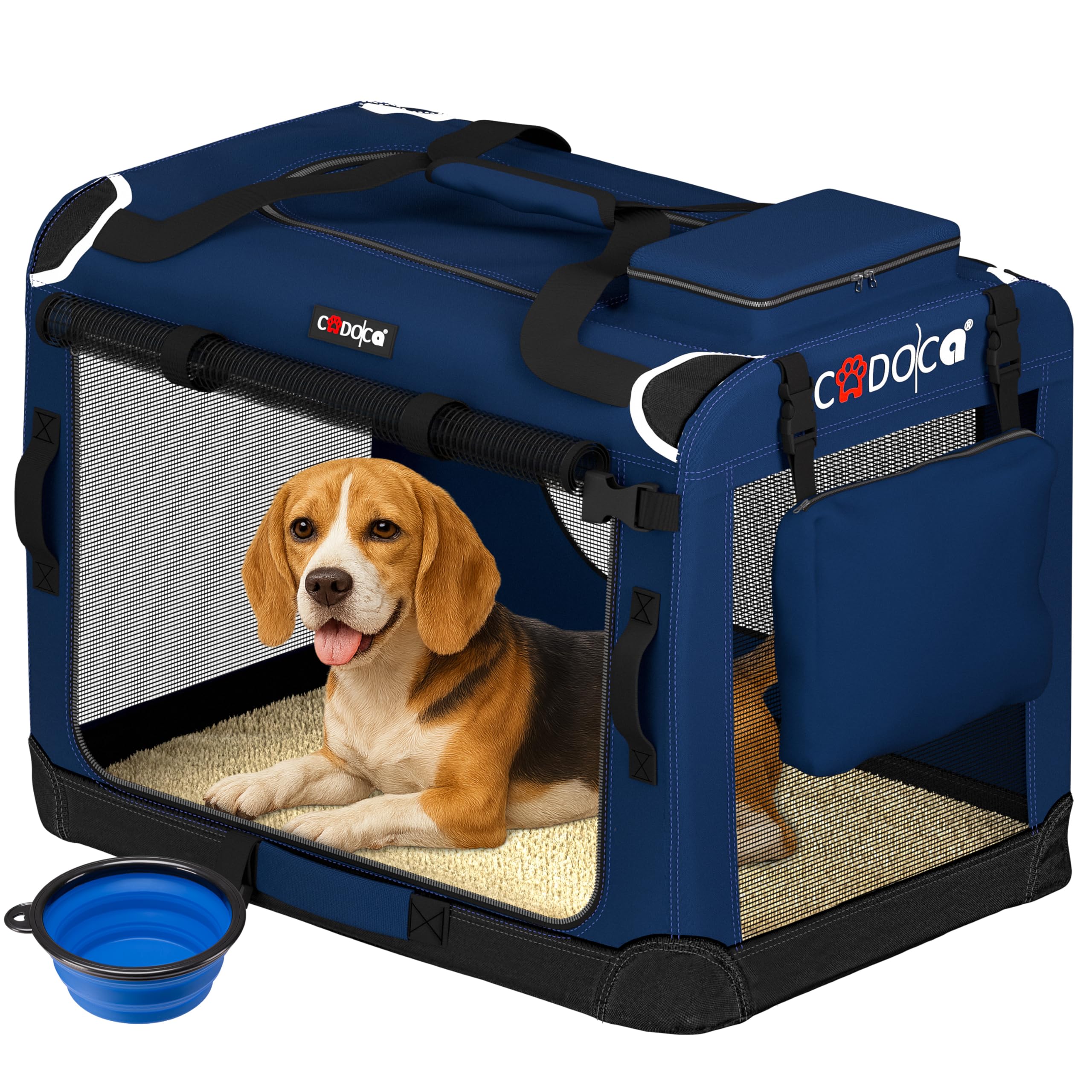 CADOCA® Large Dog Crate - Fabric | Dog Cage Foldable Portable Indoor & Car Travel Pet Carrier for Pets | Lightweight with Mesh Windows | Puppy, Kitten, Dog, Cat Carrier 70x52x50cm Navy Blue