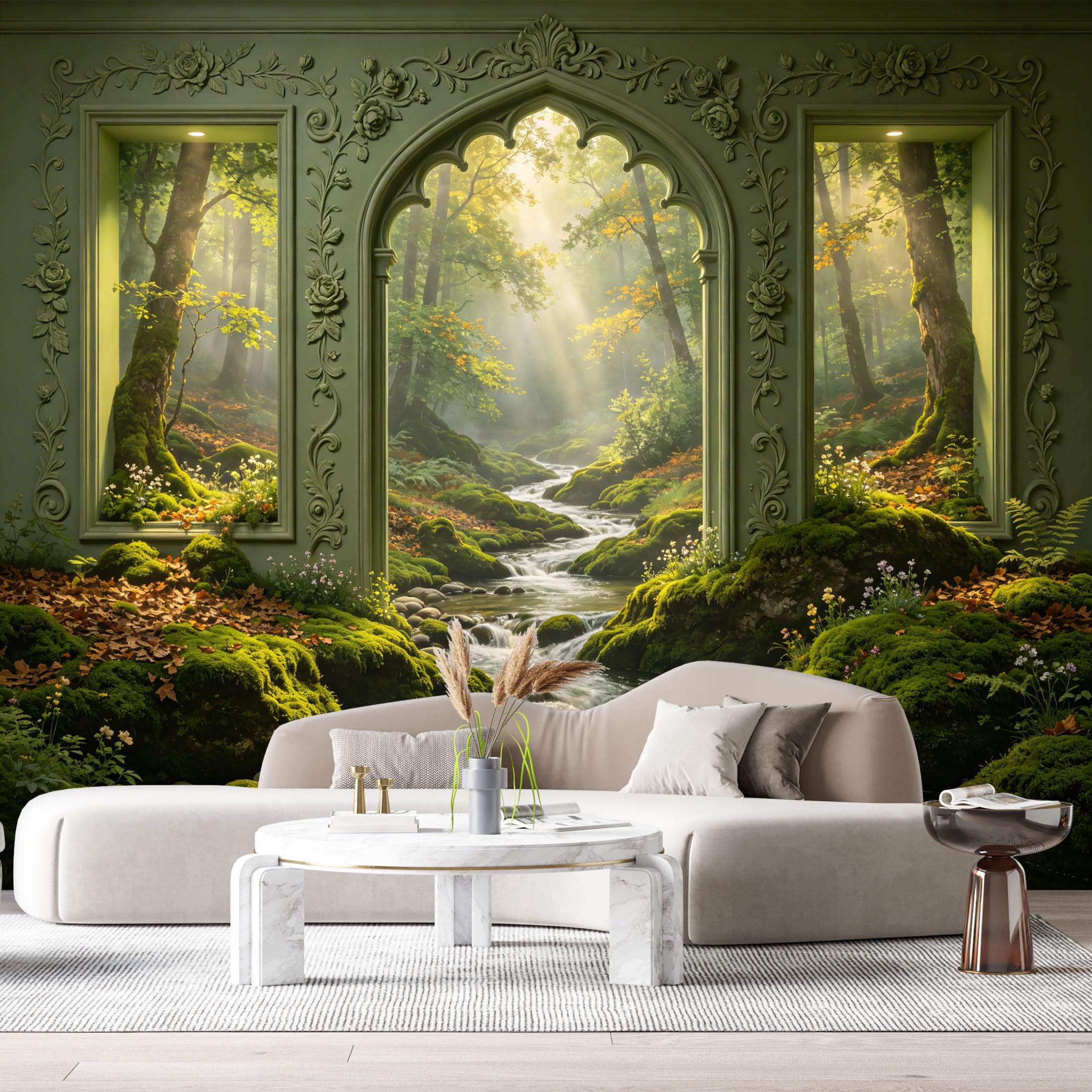 Custom Size Wall Murals Mystical Stone Archway Forest Stream Enchanted Realm 3D Trompe L'Oeil SelfAdhesiveWall Fabric Removable Wallpaper Wall Decor for Living Room Bedroom Bathroom