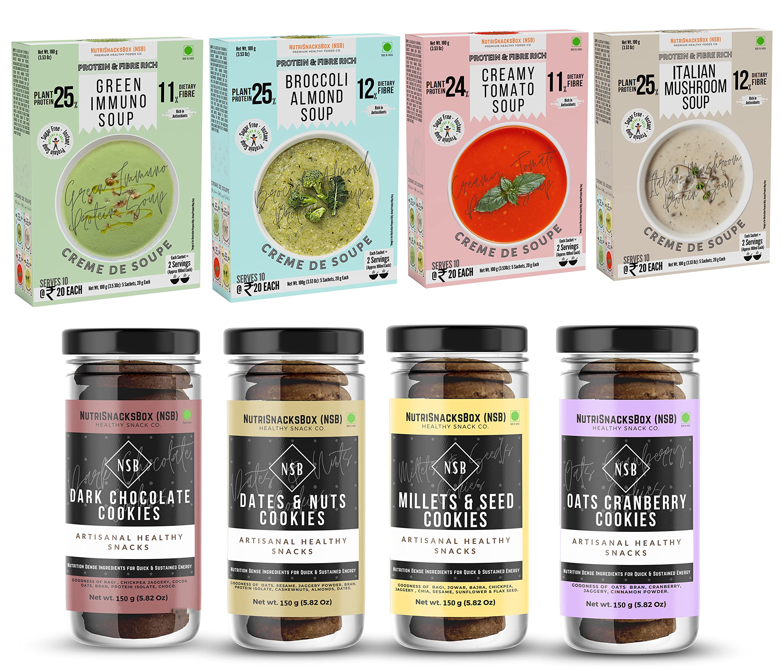 Nutrisnacksbox Healthy Cookies & Soup Combo Pack of 8 | Protein Soup | Healthy Cookies