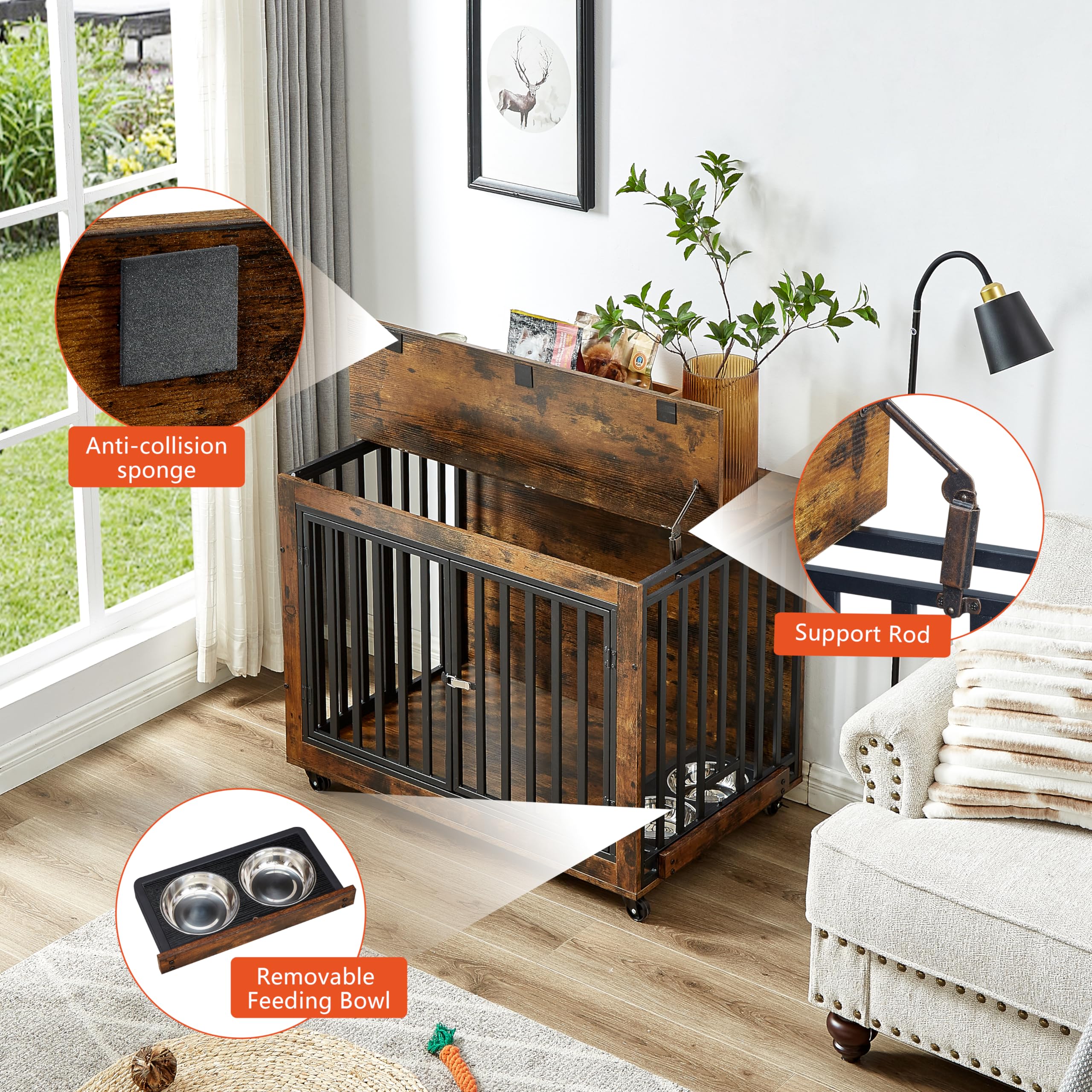 GOWE Furniture Style Dog Crate Side Table with Feeding Bowl, Wheels, Three Doors, Flip-Up Top Opening. Indoor, Rustic Brown, 38.58