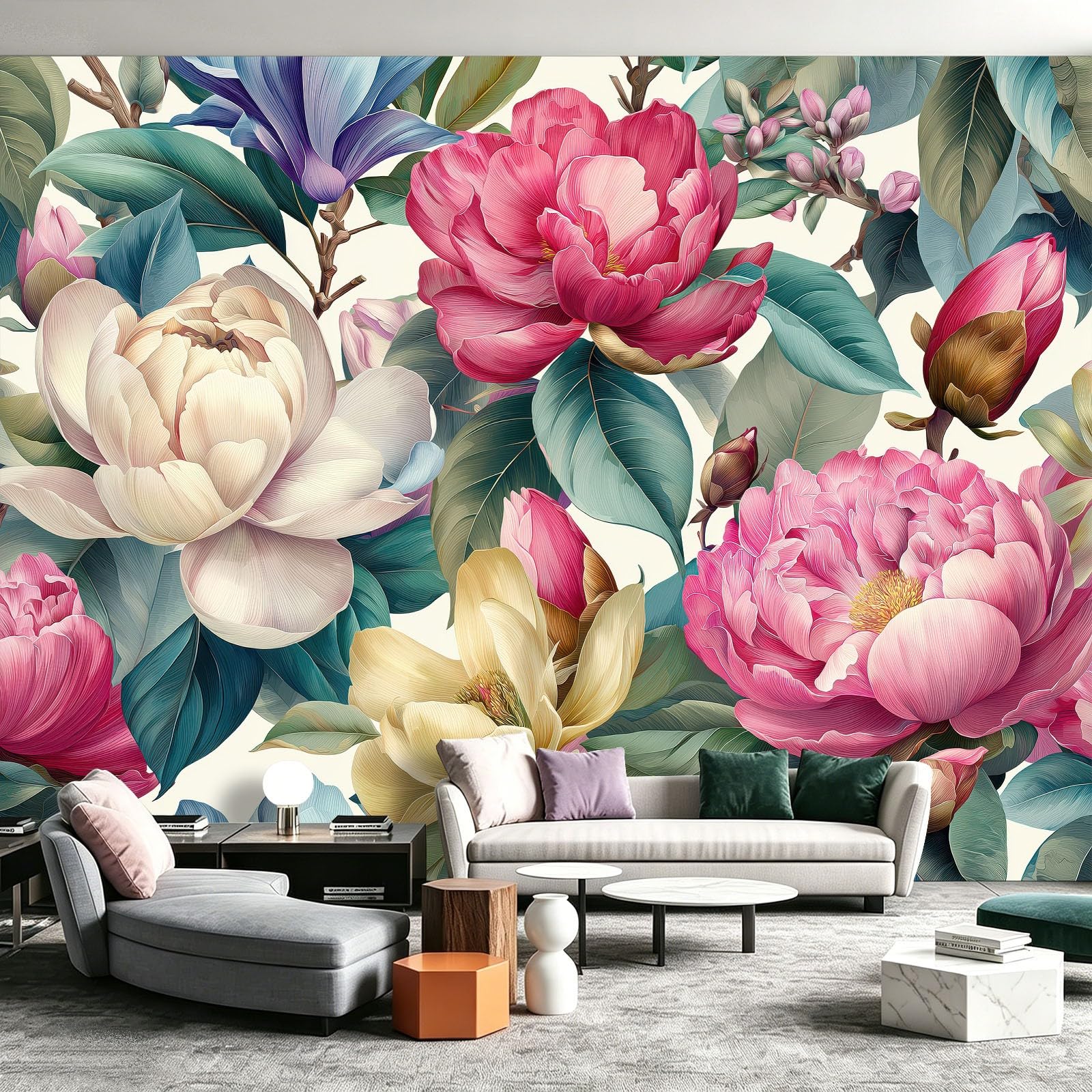 Panoramiczna Tapeta Magnolia Piwonia Kwiaty 300 x 210 cm (szer. x wys.) Gigantyczny plakat ścienny Rośliny Dekoracja - Tapeta z włókniny do salonu, sypialni, tła TV i biura (łatwy w instalacji)