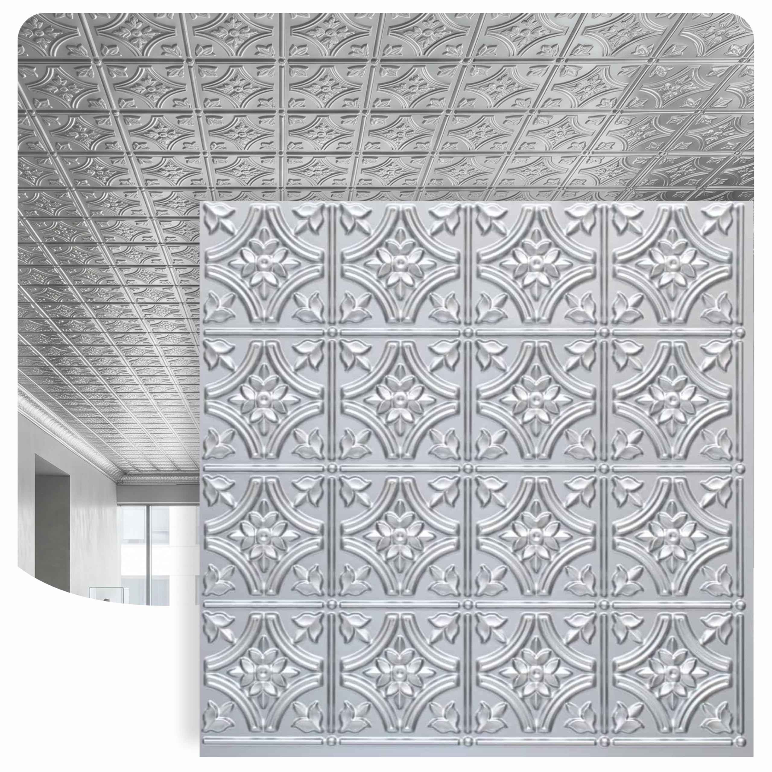 Azulejos de techo de PVC Reims plata de 2x2 pies para cubrir hasta 40 pies cuadrados