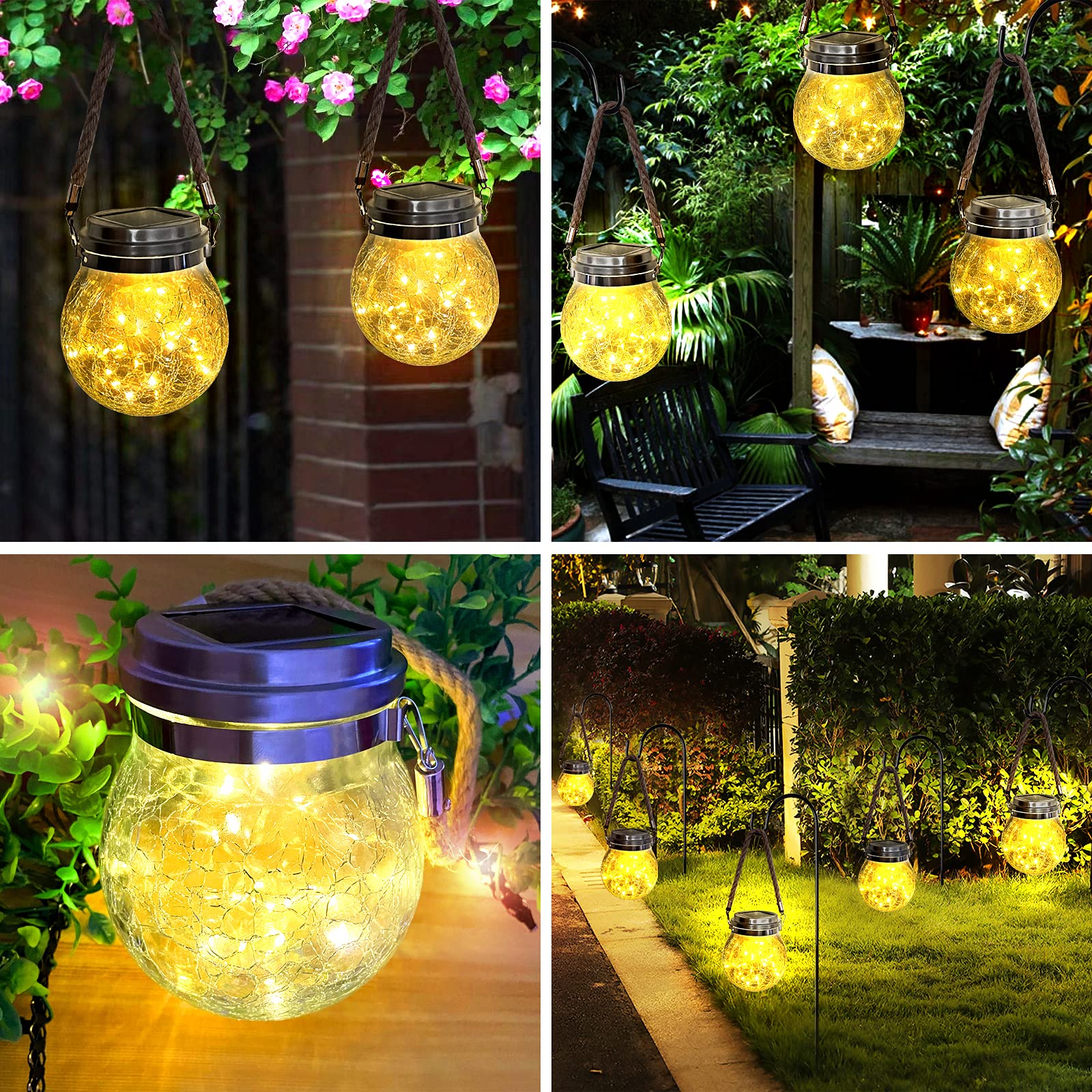 XVZ Lanterne Da Esterno, 2 Pezzi IP65 Impermeabili Lampade Solari Sospese in vetro sferico per Giardini, Cortili, Alberi, Gazebo, Natale, Feste - Bianco Caldo
