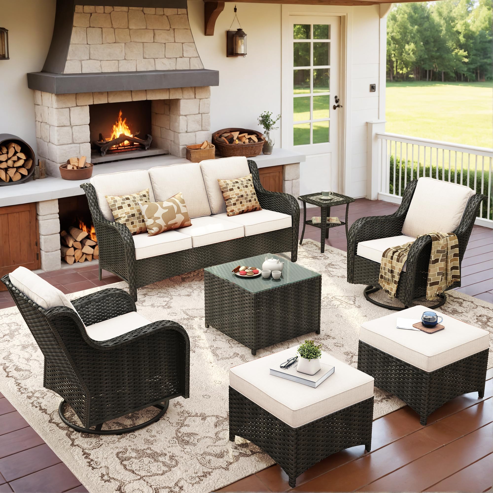 ovios 7 Pieces Patio Furniture Set with Swivel Rocking Chairs, Outdoor Wicker Sofa Couch Glass Coffee Table, All Weather High Back Modern Conversation Set, Brown Rattan, Beige