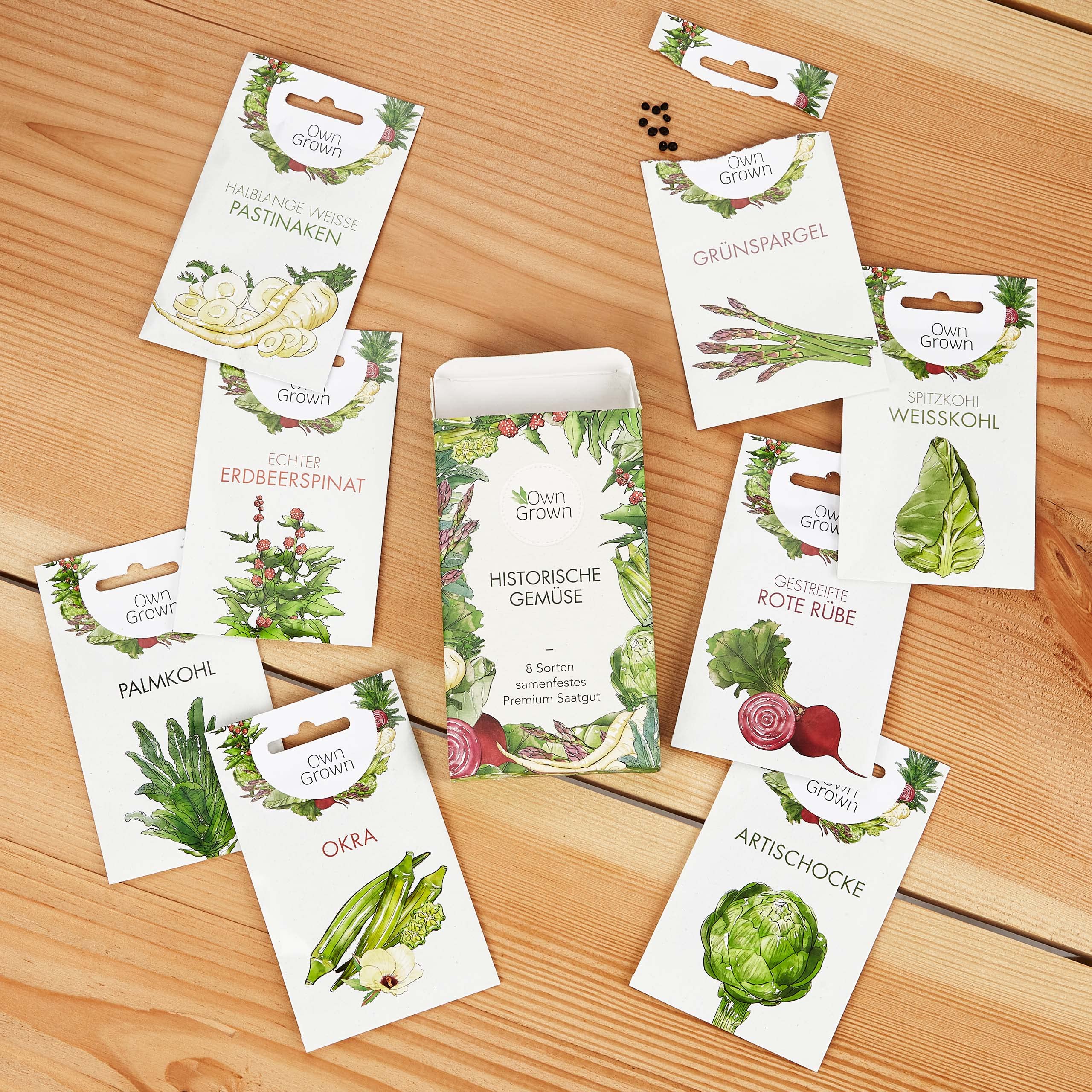Gemüsesamen Alte Sorten: 8 Sorten Alte Gemüse Samen im Set für Garten und Balkon – Artischocken Samen, Spitzkohl Samen, Palmkohl Samen, Pastinaken, Rote Rübe, Spargel – Saatgut Alte Sorten v OwnGrown