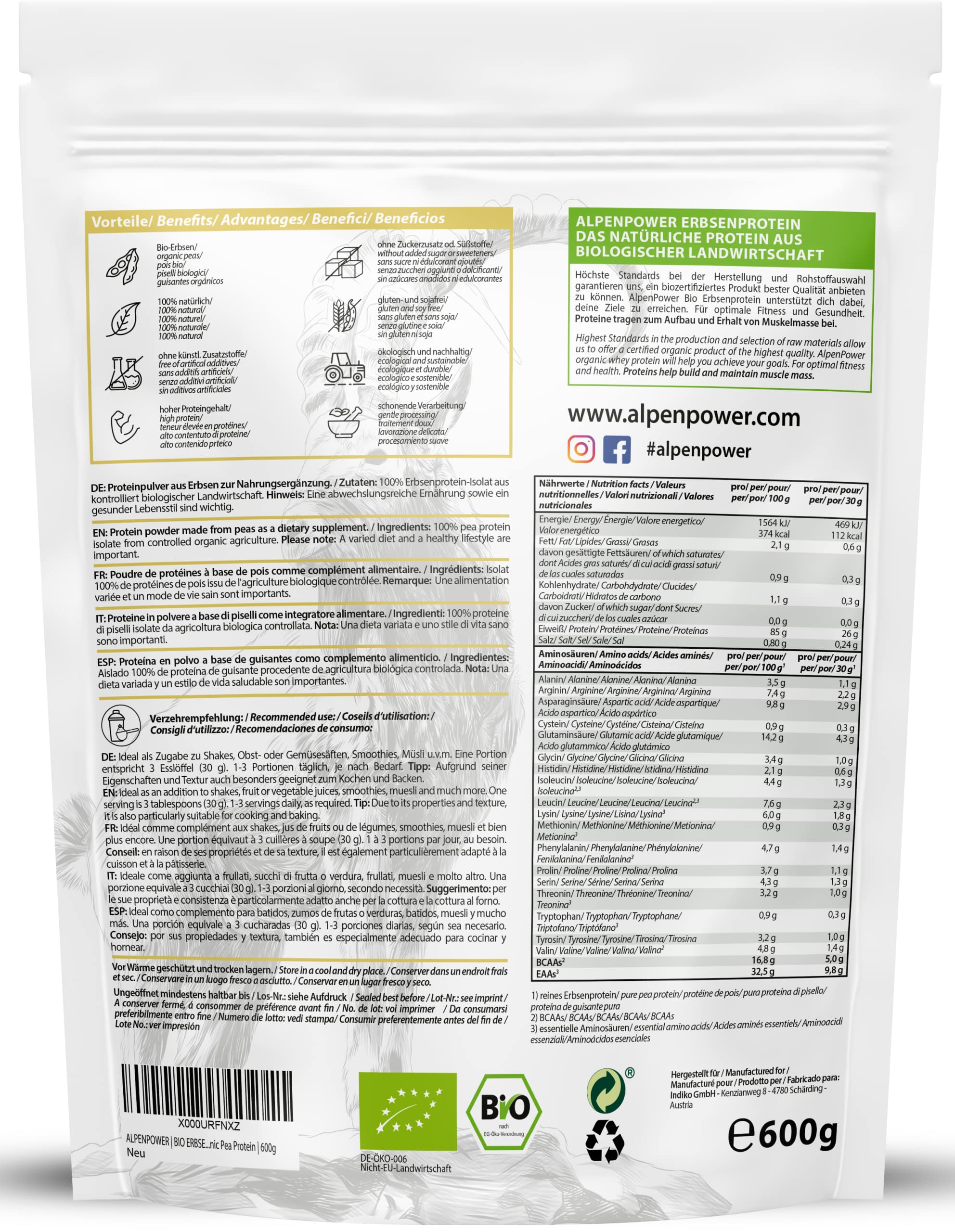 AlpenPower BIO Protéine de Pois 600 g - Isolat de protéines de pois 100% pur - Sans additifs - Végétalien et polyvalent - Poudre de protéines de haute qualité avec 85% de protéines