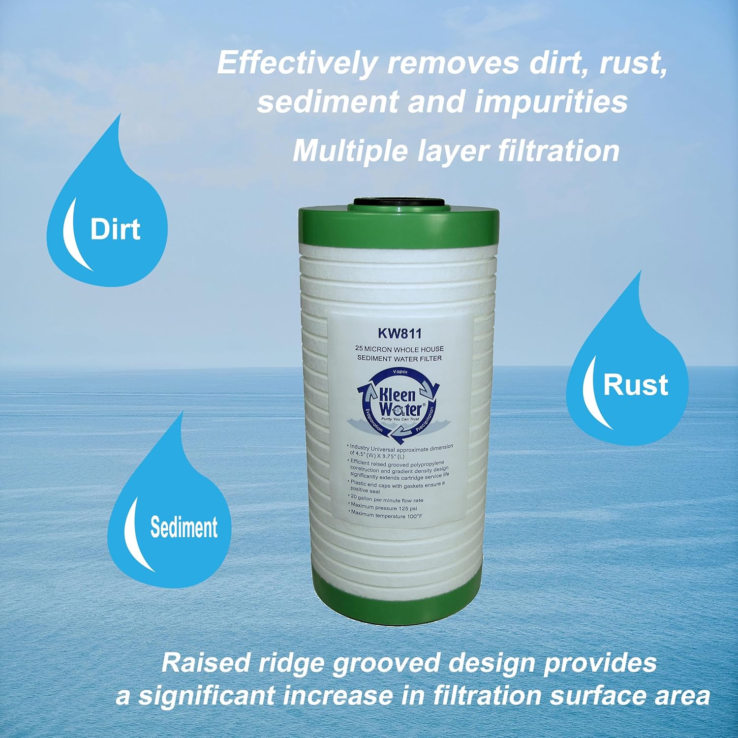 KleenWater KW811 Replacement Dirt, Rust and Sediment Water Filter Compatible With Aqua-Pure AP811, Big Blue, DGD-7525 and 4WH-HDGR-F01, 25 Micron, 4.5 X 10 Inch - Set of 4