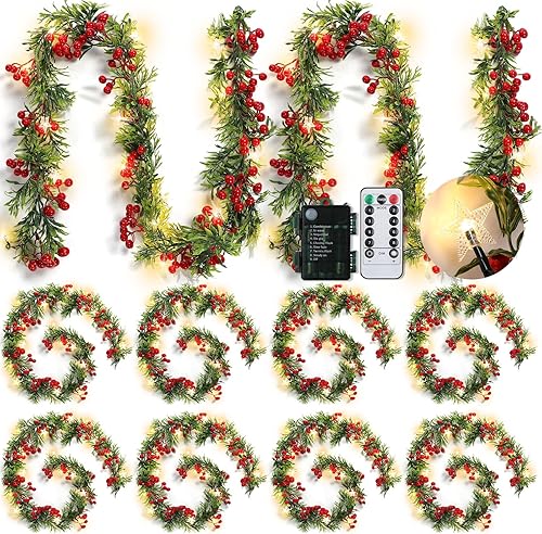 Miniatura 8 de Duraaamo 5 piezas de guirnalda de Navidad preiluminada con luces de estrella de 1,8 m, 20 luces LED, guirnalda de acebo con bayas rojas, funciona