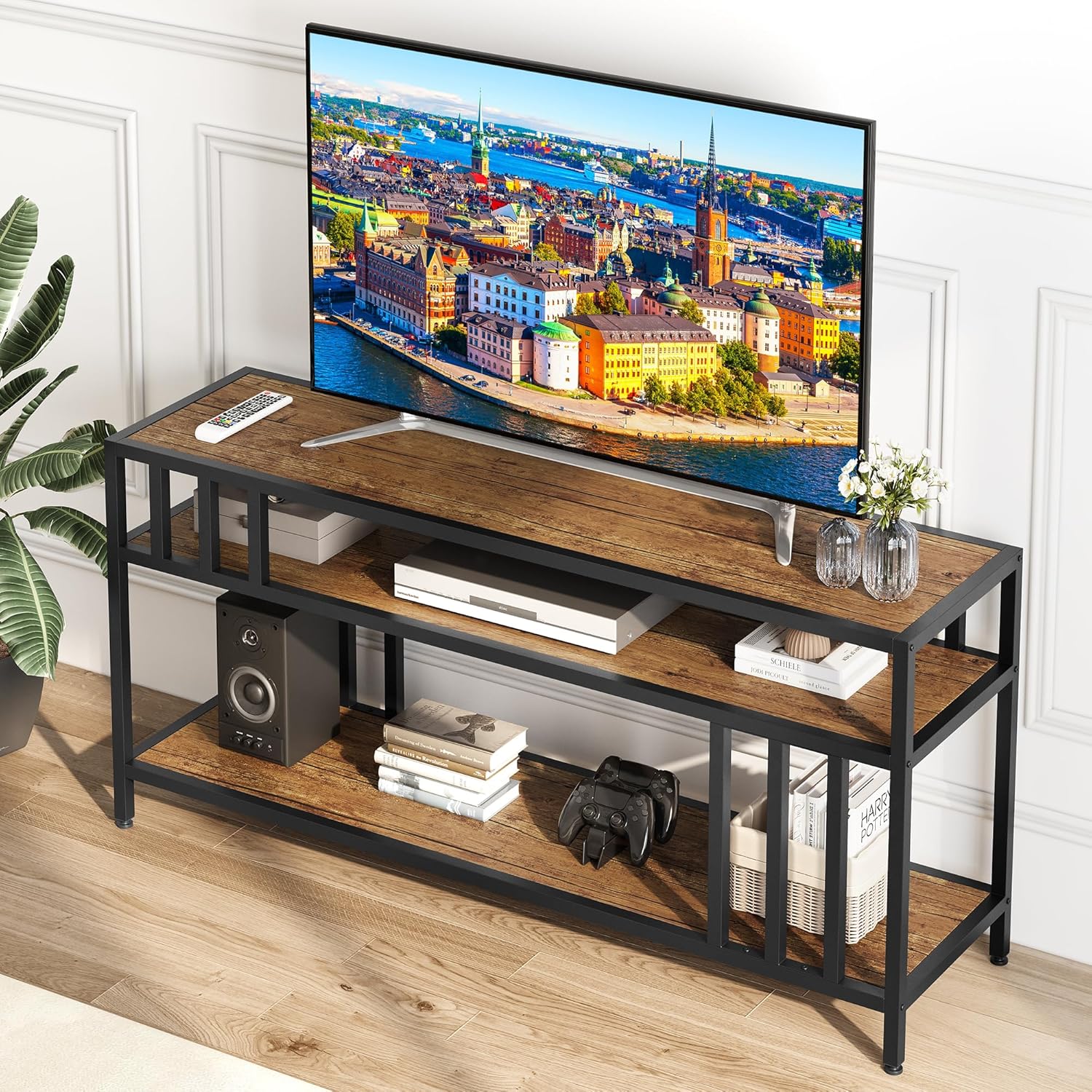 IDEALHOUSE 65" TV Stand for TV up to 75 Inches, Entertainment Center with Open Storage Shelves, Media Console Table with Quadruple-Tube Support for Living Room, Bedroom, Rustic Brown