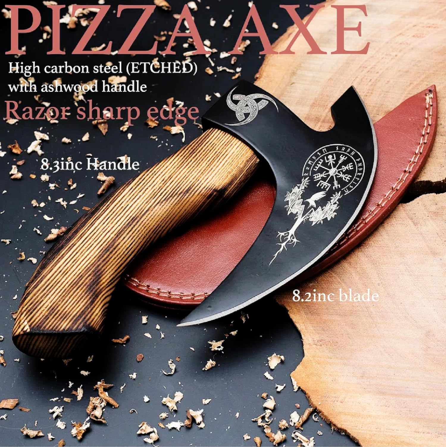 SHINY CRAFTS® Viking Pizza Cutter Axe – Carbon Steel Blade with Black Etching & Sheath – Authentic Medieval Gift for Him, Norse Style Decorative Axe (VBA-29-D)
