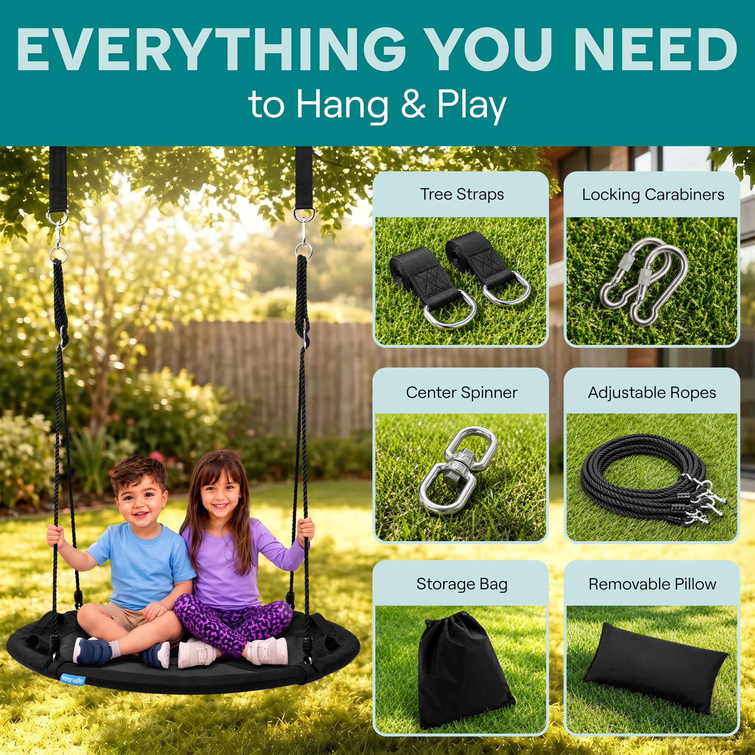 SereneLife Balançoire Nid Géante 100 cm, kit Suspension & Pivot Central, balançoire rondearbre extérieure, Cordes, Cadre Acier, siège Polyester pour Enfants – Noir