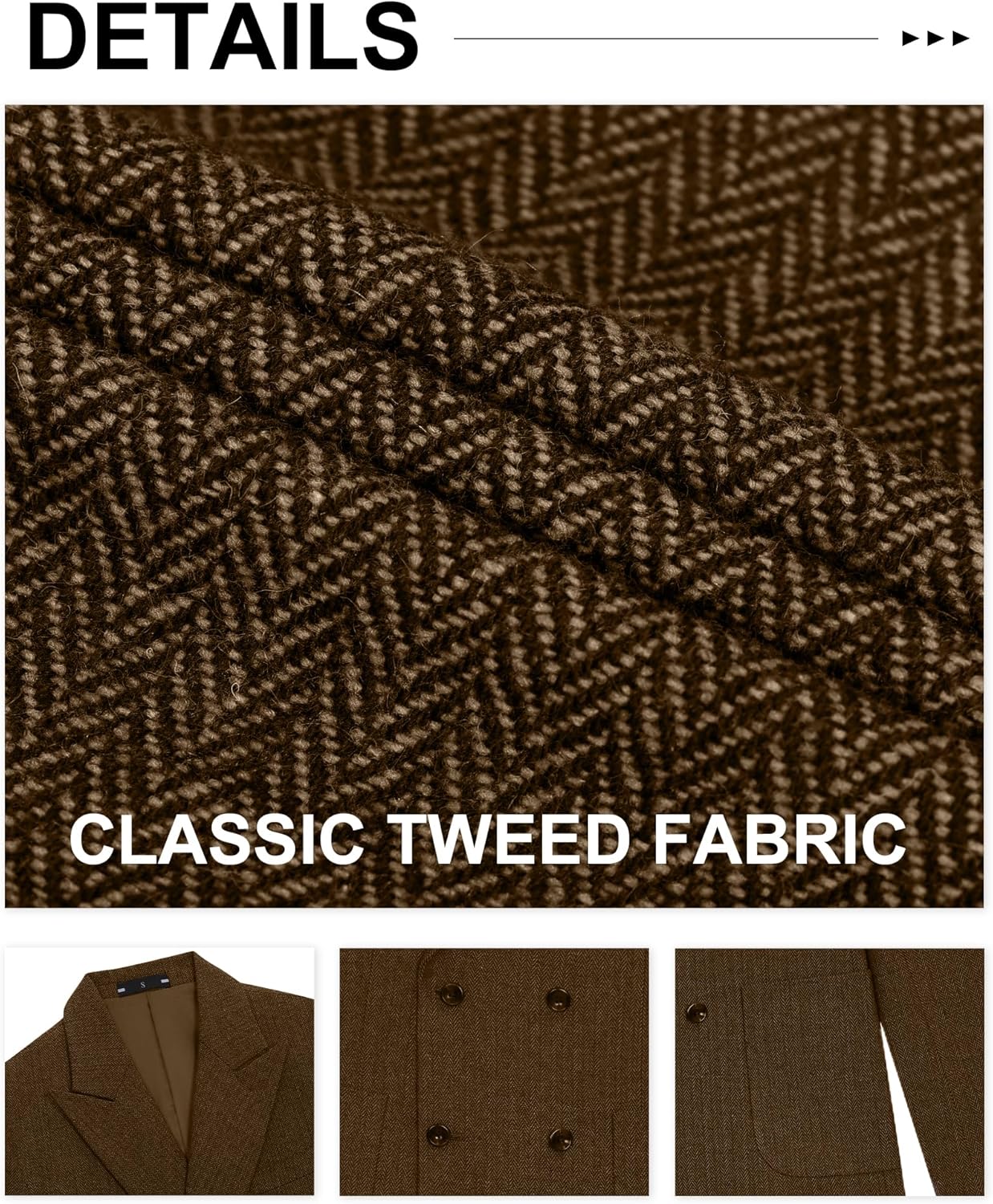 Mens Tweed Blazer Suit Herringbone Sport Coat Slim Fit Retro Double Breasted Wool Blend Formal Jacket Business Prom Casual - Image 4