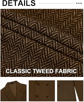 Retro Tweed Blazer Men Herringbone Double Breasted Jacket Wool Blend Coat