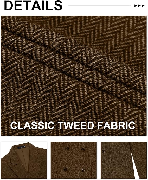 Retro Tweed Blazer Men Herringbone Double Breasted Jacket Wool Blend Coat