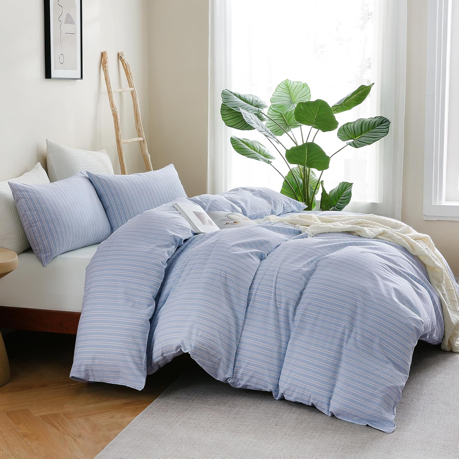 ATsense 100% Washed Cotton Duvet Cover Queen - Blue Striped Bedding Set 3PCS, Super Soft Breathable Like Linen, Farmhouse Modern Decor with Zipper Closure & 8 Ties