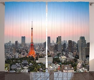Ambesonne Urban Curtains, Tokyo City Skyline at Sunset a Tower and The Skyscrapers Digital Asia Print, Living Room Bedroom Window Drapes 2 Panel Set, 108" X 84", Grey and Sky Blue
