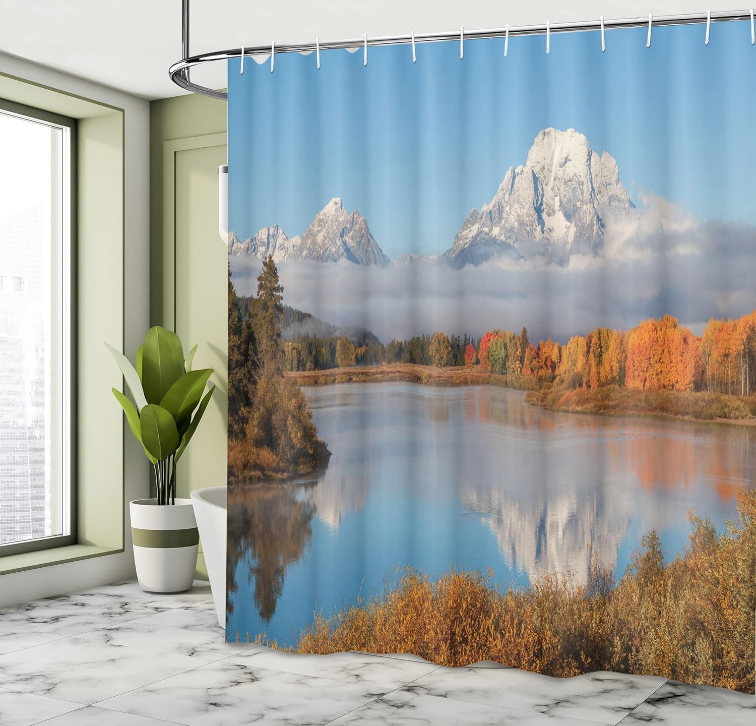 Ambesonne Landscape Shower Curtain, Autumn Beauty in Grand Teton Oxbow Bend Nature National Parks Wyoming Scenery, Cloth Fabric Bathroom Decor Set with Hooks, 69" W x 70" L, Multicolor
