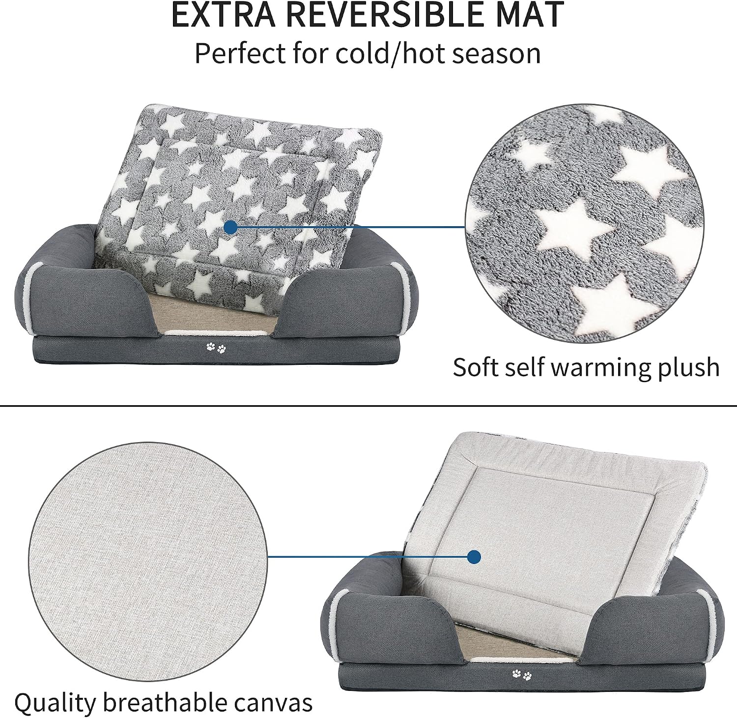 KROSER 26"-48" Ultimate 2 in1 Dog Bed Dog Sofa with Extra Reversible Pad (Warm&Cool), Water Repellent Removable Washable Cover, Waterproof Non-Slip Bottom, Soft Sleeping Bed for Dogs 25-110lbs