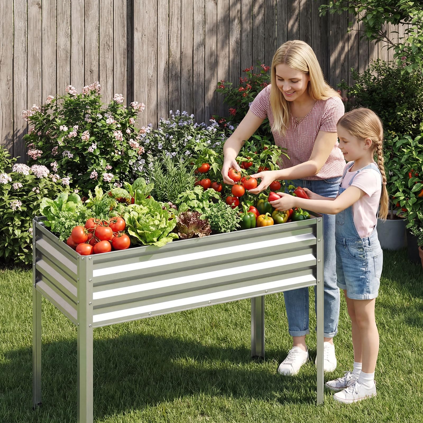 COSTWAY Huerto Urbano Terraza, Cama Elevada de Jardín de Metal con Recubrimiento Electroforético y Orificios de Drenaje, Jardinera Exterior Grande para Verdura, Flor, Fruta, 112x55x81 cm (Plateado)