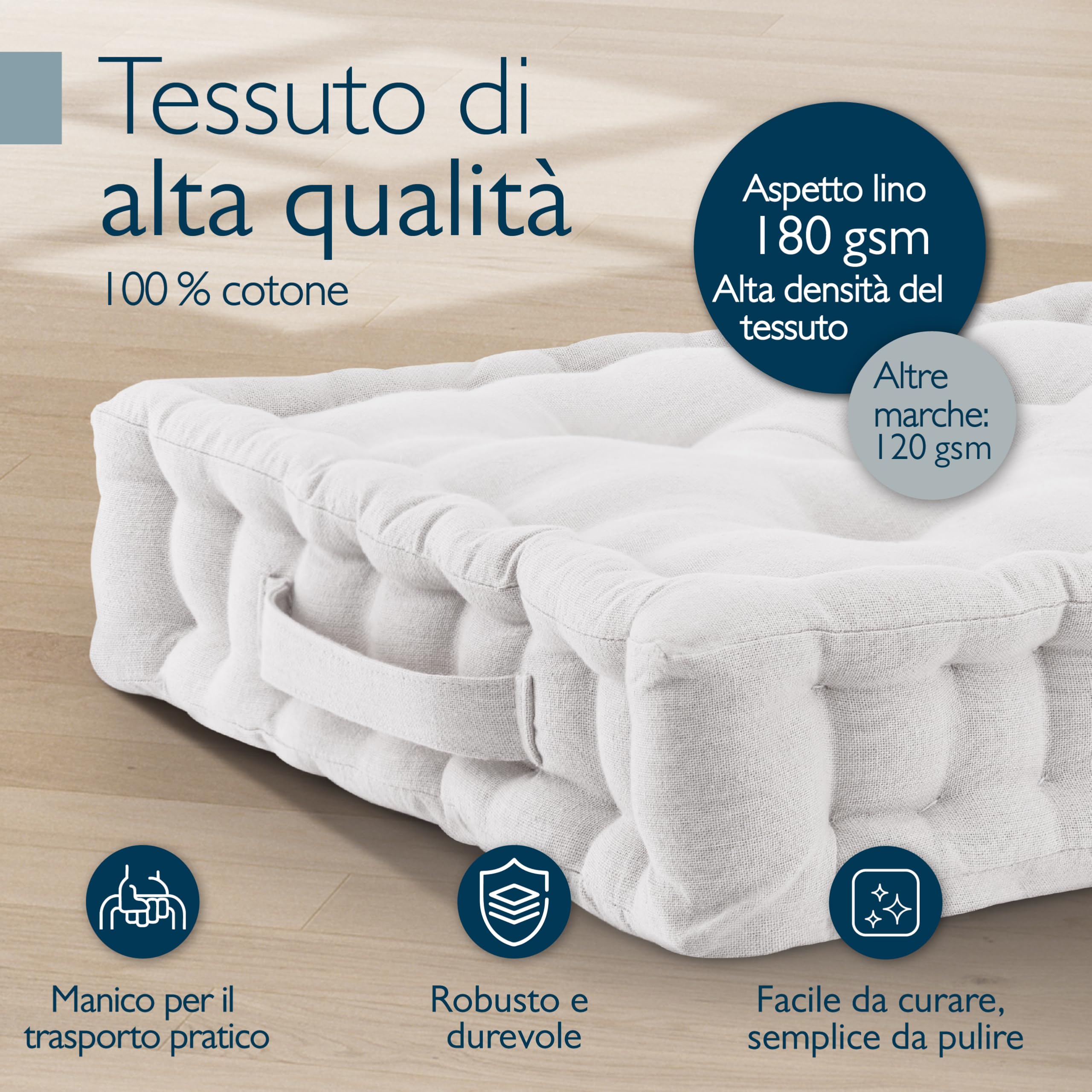 Beautissu Set di 4 cuscini da pavimento in cotone per sedia da interno | 40x40cm naturale materasso spesso 8cm 100% con maniglia da esterno Cuscino seduta Mila