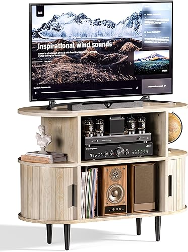 Miniatura 8 de Soporte de TV pequeño estriado de 35.4 pulgadas, soporte de TV moderno de mediados de siglo para dormitorio, centro de entretenimiento de TV con