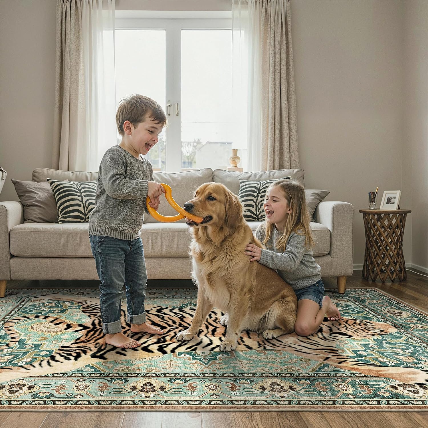 Bavni 5x7 Tiger Rug, Machine Washable Animal Print Low Pile Boho Woodland Jungle Carpet, Non-Slip Non-Shedding Pet Friendly Rug for Living Room Playroom Nursery Bedroom Entryway, Green