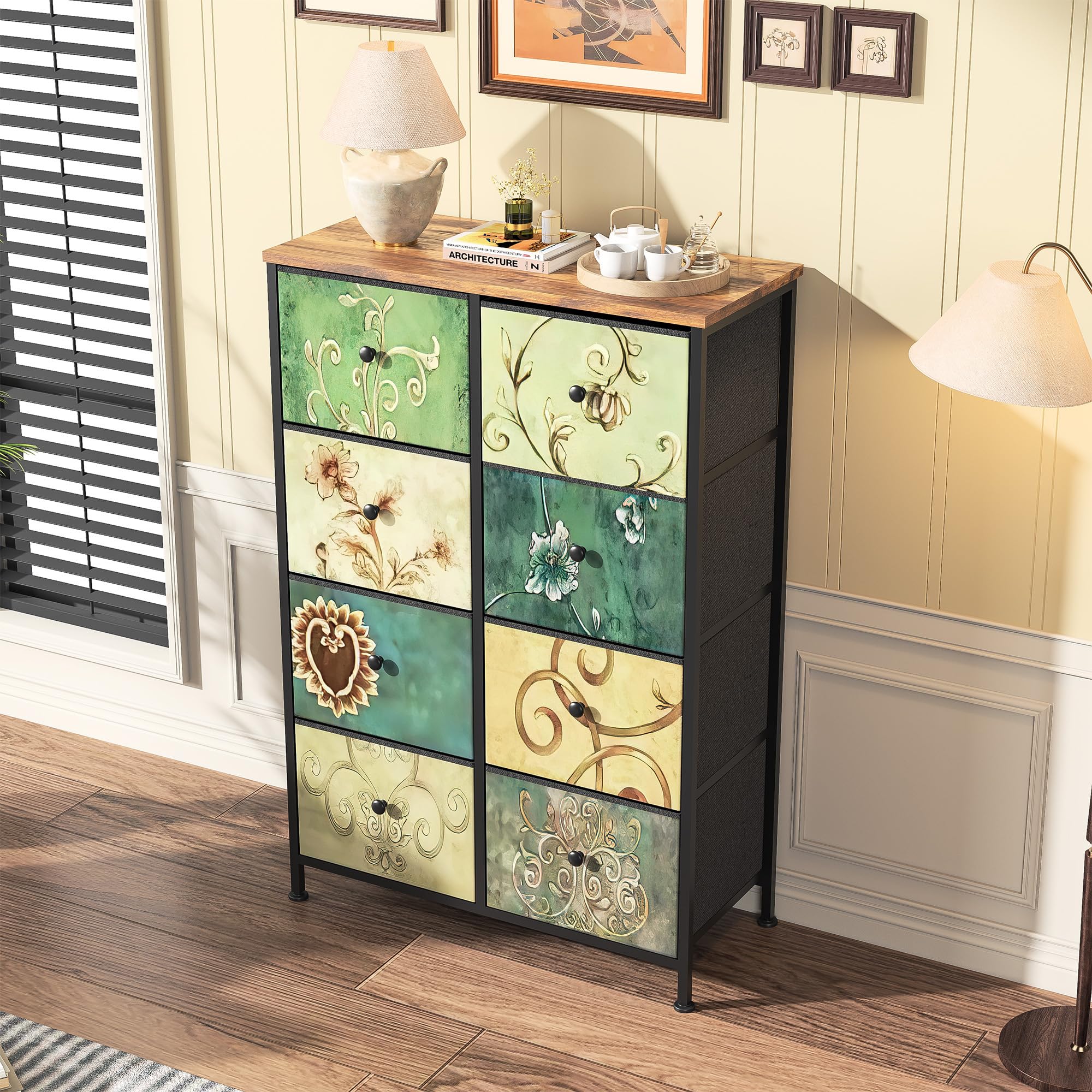 Cómoda con 8 Cajones de Tela,Cómoda para Dormitorio,Unidad de Almacenamiento,Armario de Tocador Bohemio,Cajonera Industrial con Estructura Metálica,para Salón,Pasillo,Estilo Rústico