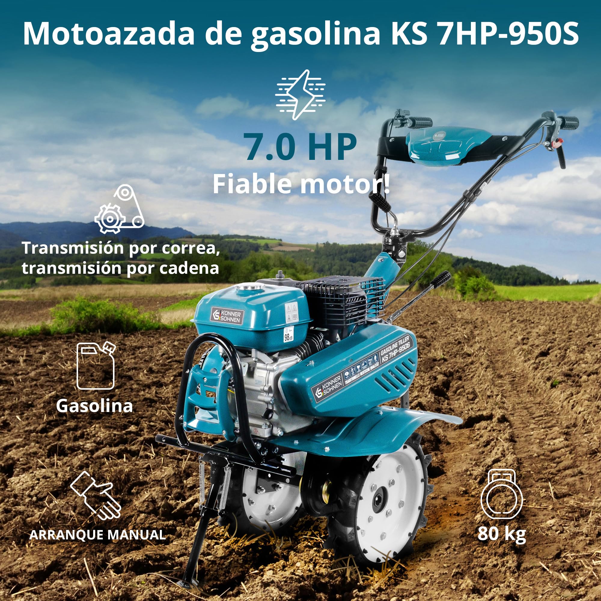 Könner & Söhner KS 7HP-950S - Azada de Gasolina, fresadora de jardín, accionamiento por Cadena, fresadora de Sable forjada, 2 Marchas hacia adelante, Marcha atrás, Ancho de Trabajo de 108 cm